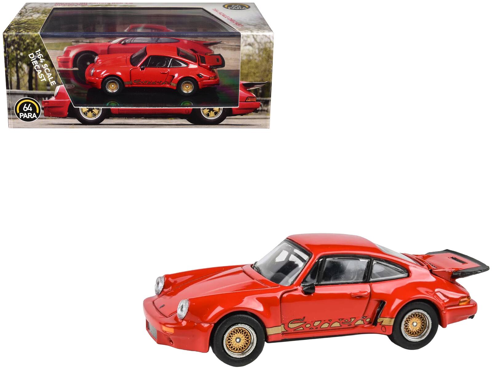 Porsche 911 Carrera RSR 3.0 Guards Red with Gold Stripes and Wheels 1/64 Diecast Model Car by Paragon Models - Red and Gold