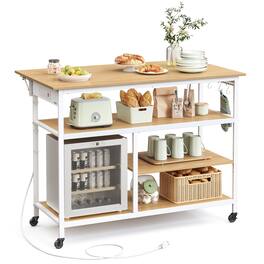 Songmics Home - Kitchen Island with Drop Leaf, 47.2" Width Rolling Kitchen Cart with Power Strip, Extendable Worktop, Workbench,Pegboard - Golden Oak and Cloud White