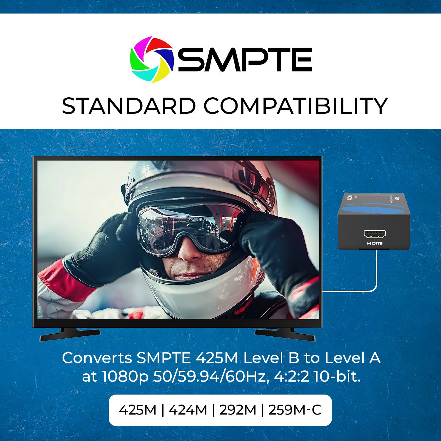 SMPTE STANDARD COMPATIBILITY - HT Converts SMPTE 425M Level B to Level A at 1080p 50/59.94/60Hz, 4:2:2 10-bit. 425M | 424M | 292M | 259M-C