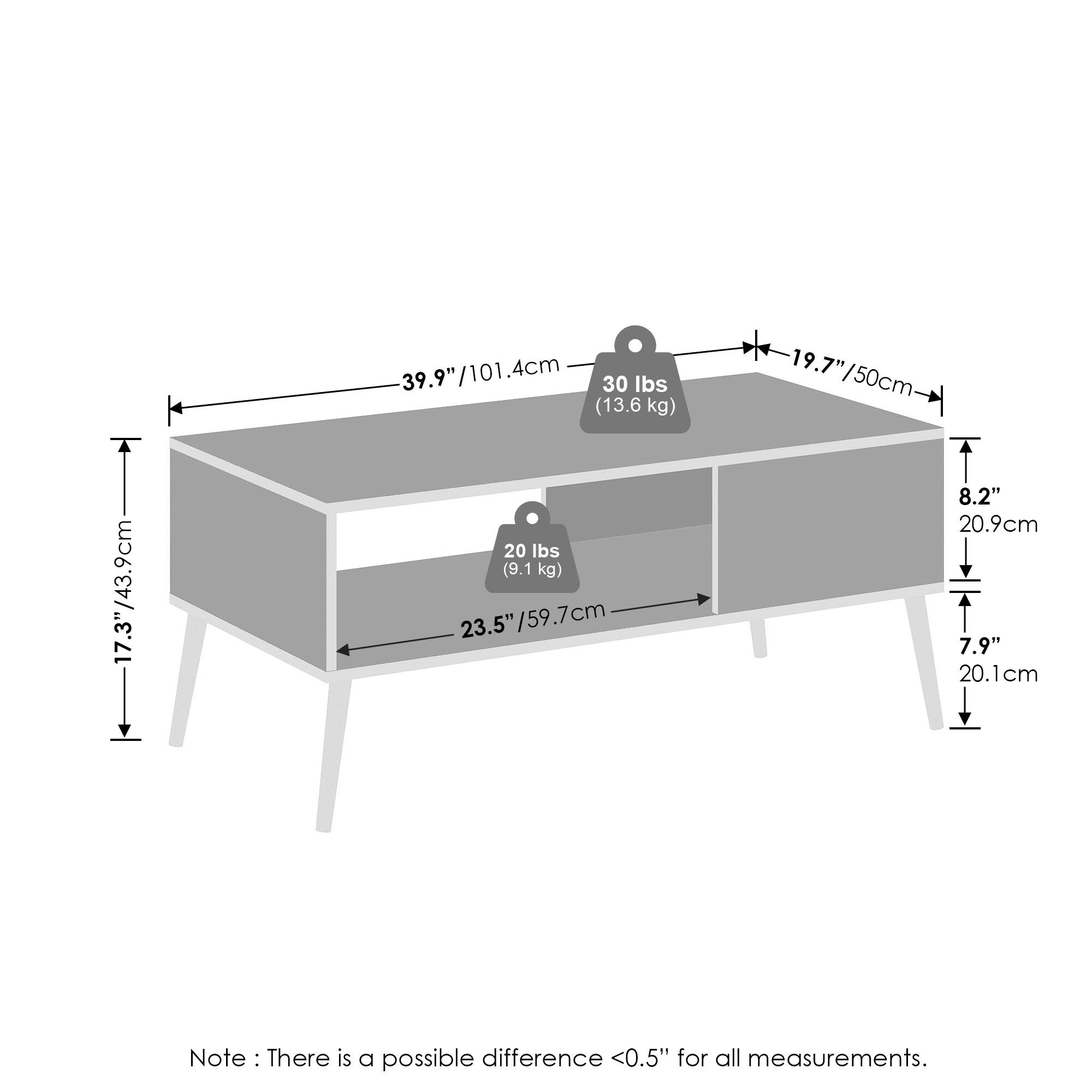 39.9" / 101.4cm  
30 lbs (13.6 kg)  
19.7" / 50cm  
17.3" / 43.9cm  
23.5" / 59.7cm  
8.2" / 20.9cm  
7.9" / 20.1cm  

Note: There is a possible difference <0.5" for all measurements.
