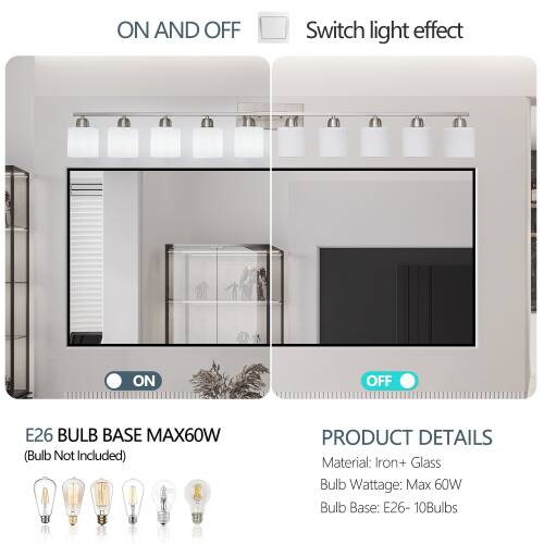 ON AND OFF  
Switch light effect  
E26 BULB BASE MAX60W (Bulb Not Included)  

PRODUCT DETAILS  
Material: Iron + Glass  
Bulb Wattage: Max 60W  
Bulb Base: E26 - 10Bulbs