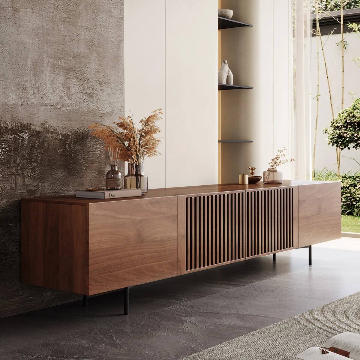 Alt View 1. luck idea - 94.48" Fluted Wood TV Stand for TVs Up to 100", Modern Media Console with Soft Close Doors, Walnut Entertainment Center - brown.