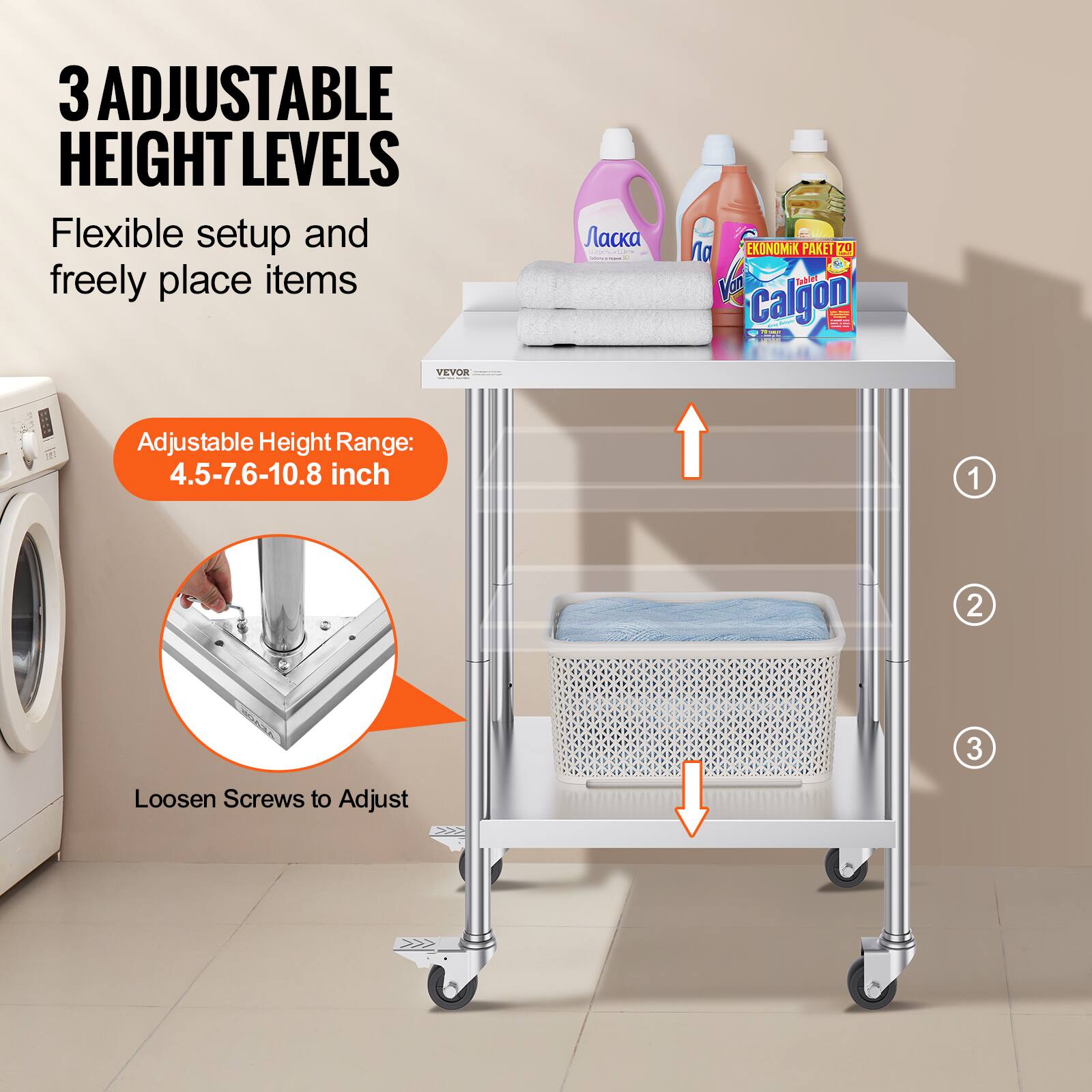 3 Adjustable Height Levels  
Flexible setup and freely place items  

Adjustable Height Range: 4.5-7.6-10.8 inch  

Loosen Screws to Adjust