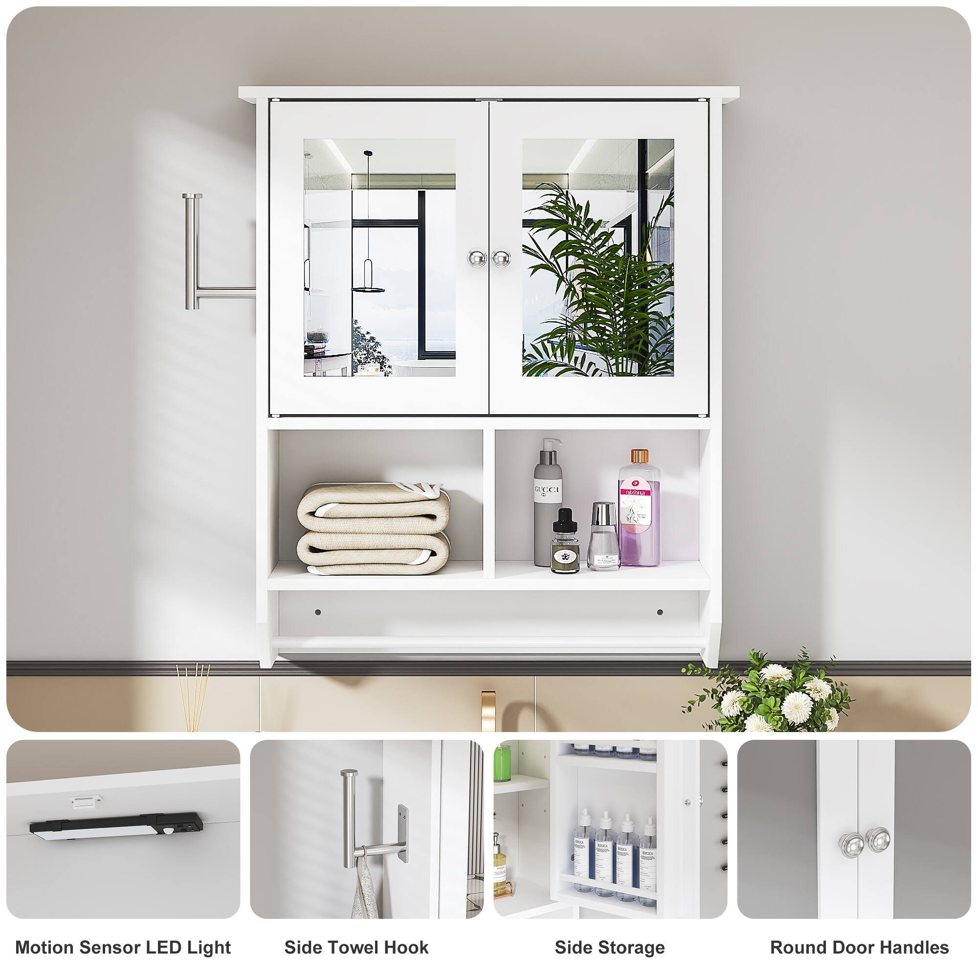 Motion Sensor LED Light  
Side Towel Hook  
Side Storage  
Round Door Handles