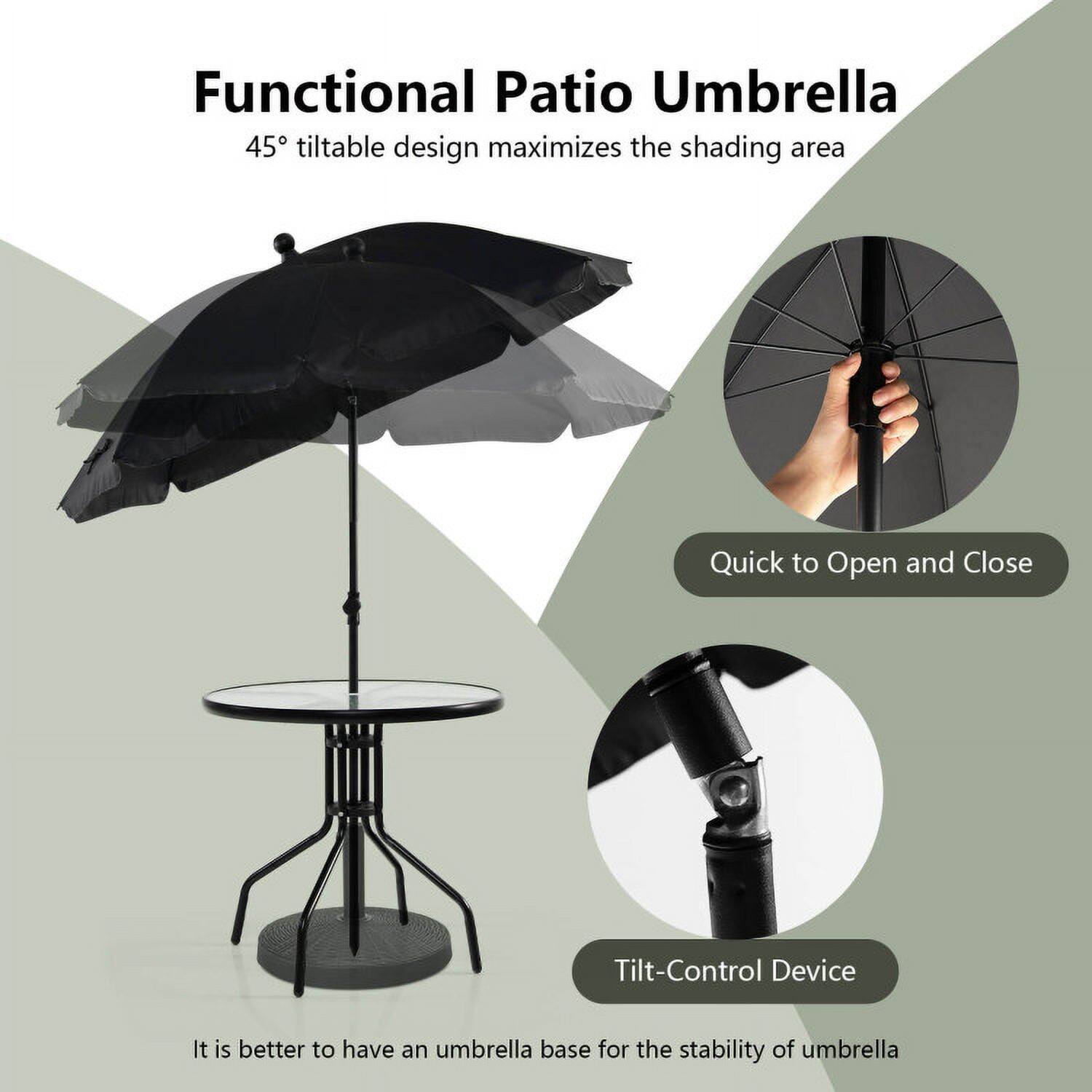 Functional Patio Umbrella  
45° tiltable design maximizes the shading area  

Quick to Open and Close  

Tilt-Control Device  

It is better to have an umbrella base for the stability of umbrella