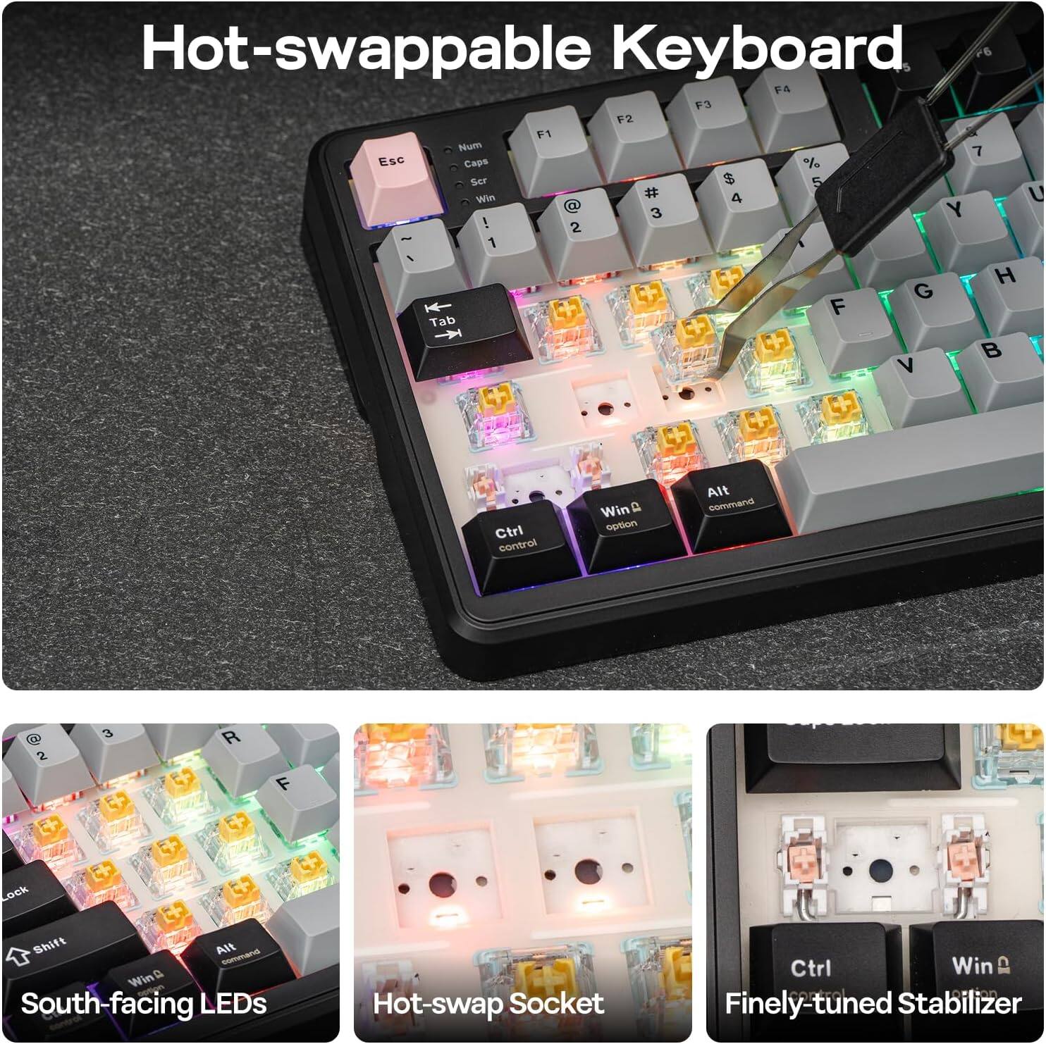 Hot-swappable Keyboard

- F4 F3 F2 F1
- Num 7 EsG Caps % Ser $ 5 Win # 4 U 3 Y ! 2 - 1 %
- H G F Tab V Ctrl control Win a option Alt command di 2 3 R F Ock + + Shift AN - Win& South-facing LEDs
- Hot-swap Socket
- Ctrl Win OLETOR
- Finely-tuned Stabilizer