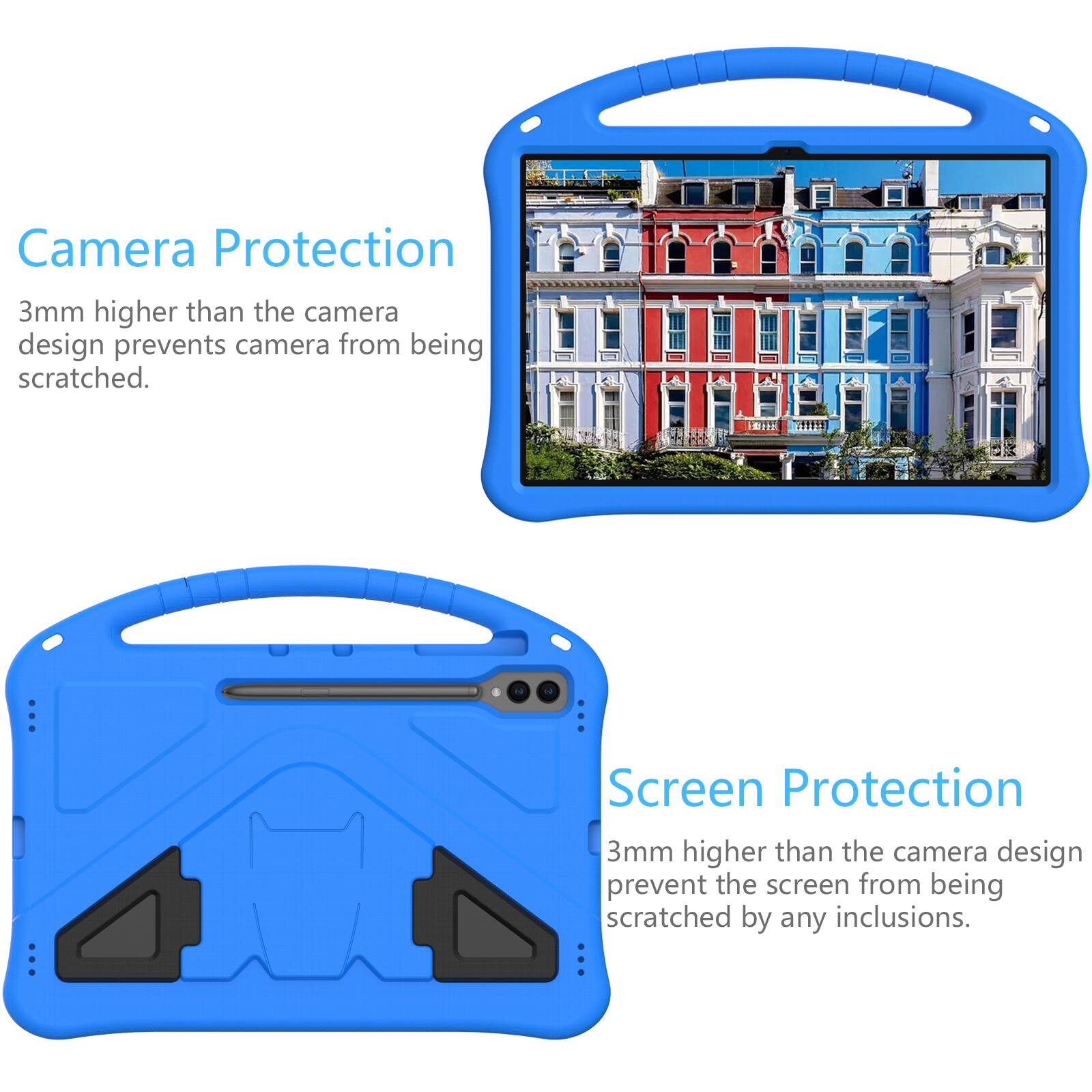 Camera Protection  
3mm higher than the camera design prevents camera from being scratched.  

Screen Protection  
3mm higher than the camera design prevent the screen from being scratched by any inclusions.
