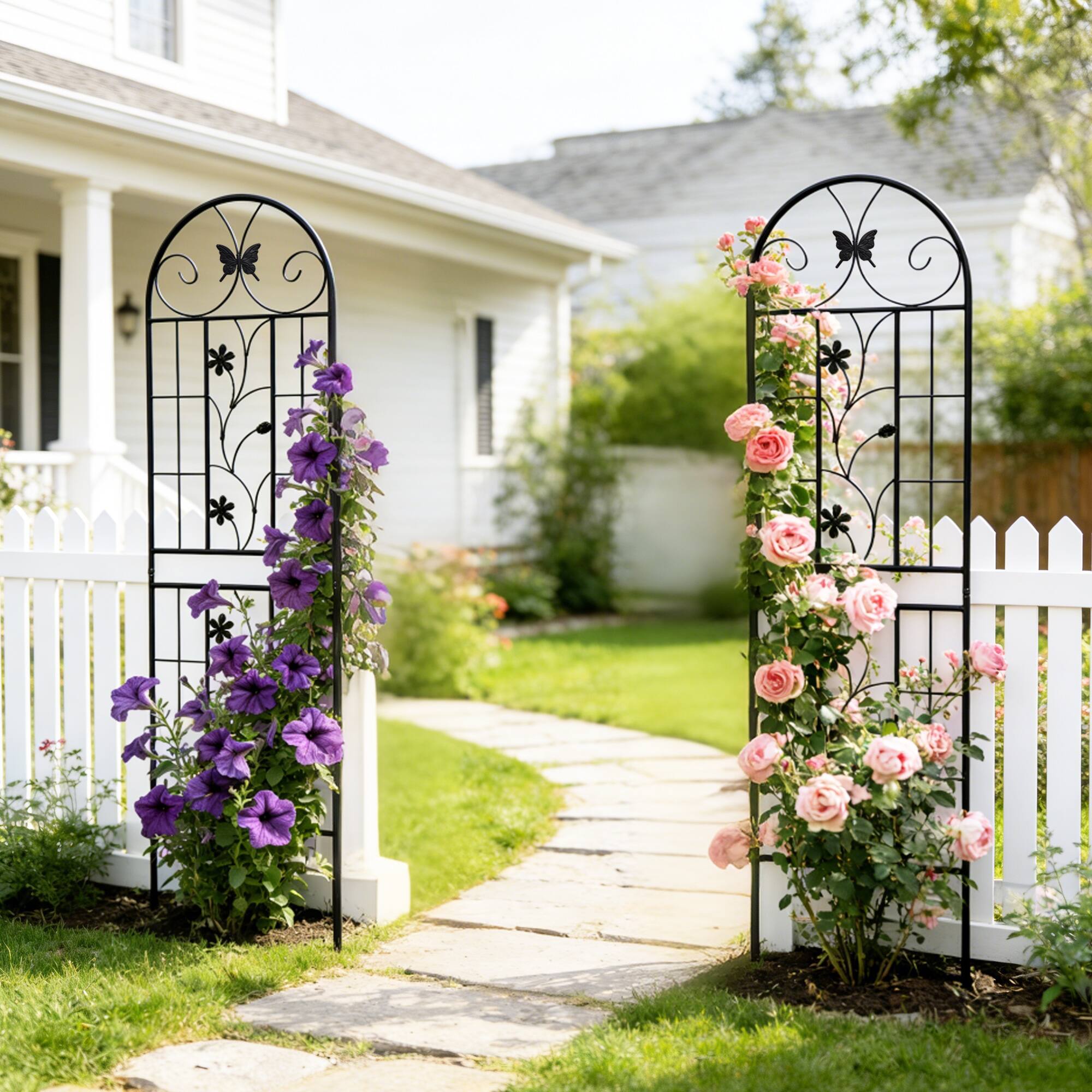 Back. Loheer - Rustproof Metal Garden Trellis Set 5.9 ft x 1.6 ft 2 Pack Climbing Plant Support - Black.