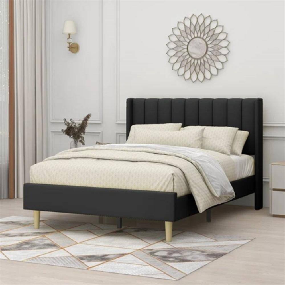 Left. Hivvago - Full size Mid-Century Black Linen Platform Bed Frame with Upholstered Headboard - Black.