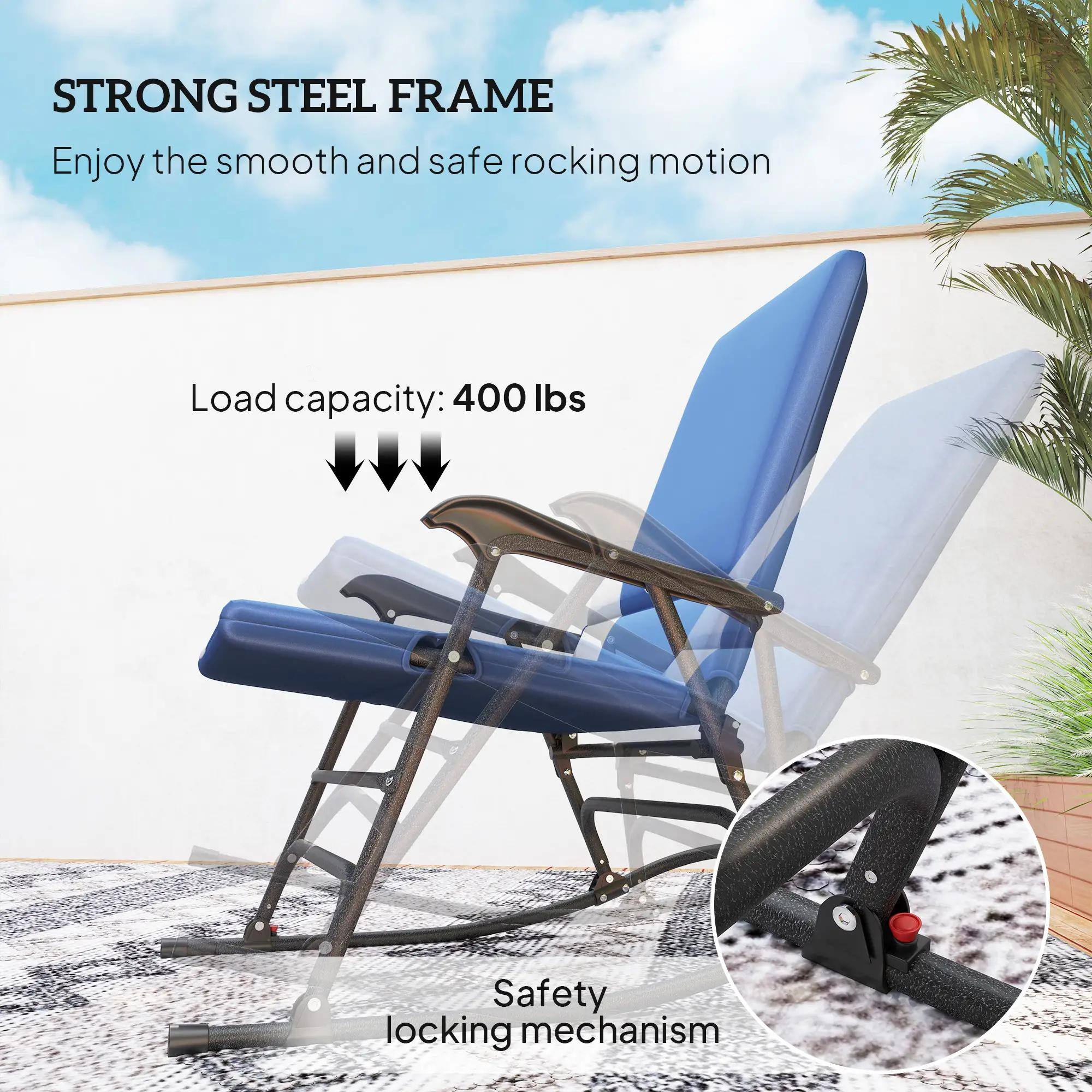 STRONG STEEL FRAME  
Enjoy the smooth and safe rocking motion  

Load capacity: 400 lbs  

Safety locking mechanism