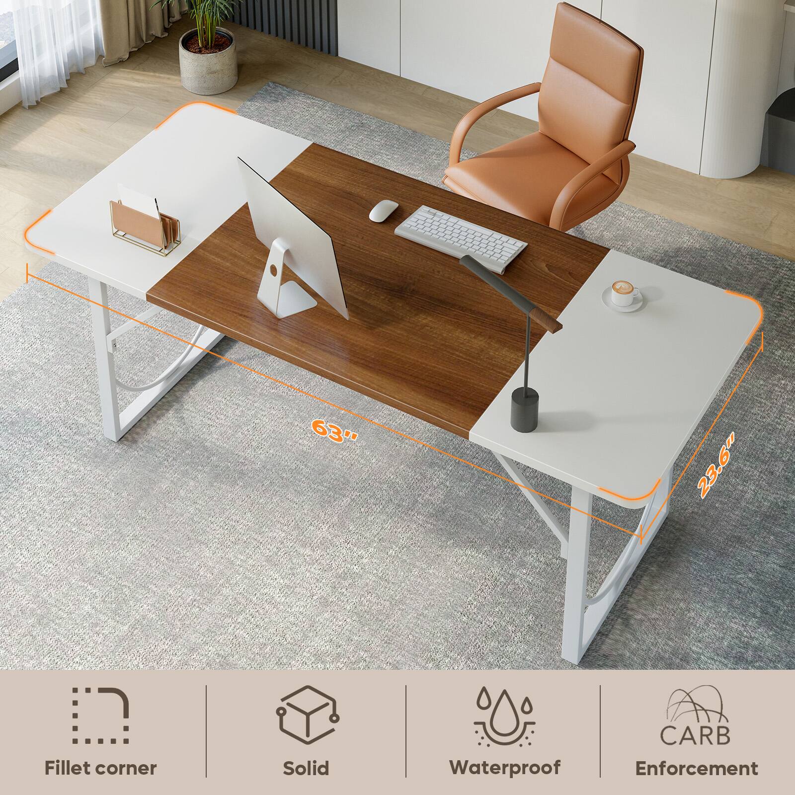 The text on the image reads: "63" 23.6 Fillet corner Solid Waterproof CARB Enforcement." This text is likely describing the dimensions and features of the desk. The desk is 63 inches long and has a fillet corner design. It is made of solid material and is waterproof, which is an important feature for a desk. Additionally, the desk is CARB enforced, which may refer to compliance with California Air Resources Board regulations.