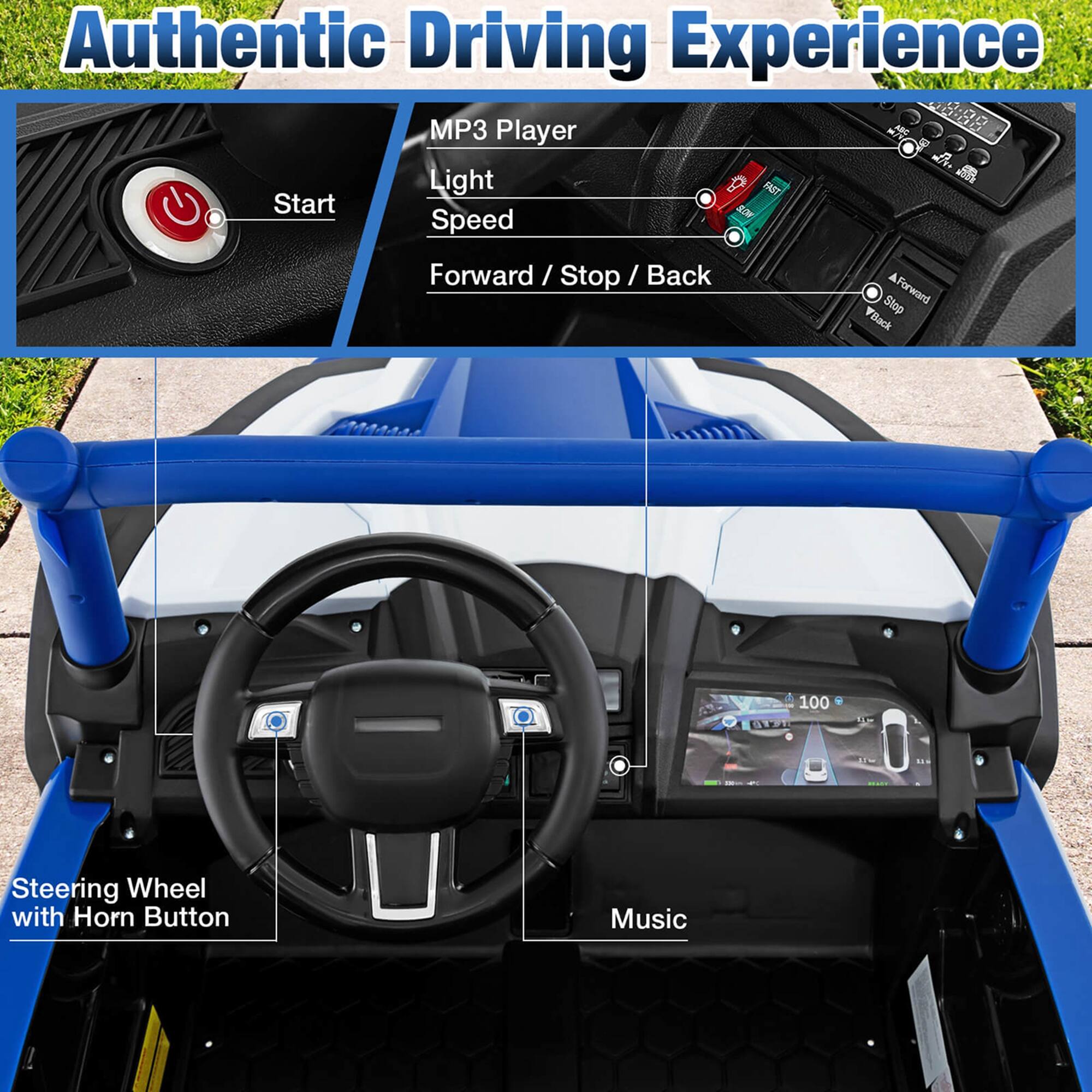 Authentic Driving Experience

- Start
- MP3 Player
- Light
- Speed
- Forward / Stop / Back
- Steering Wheel with Horn Button
- Music
