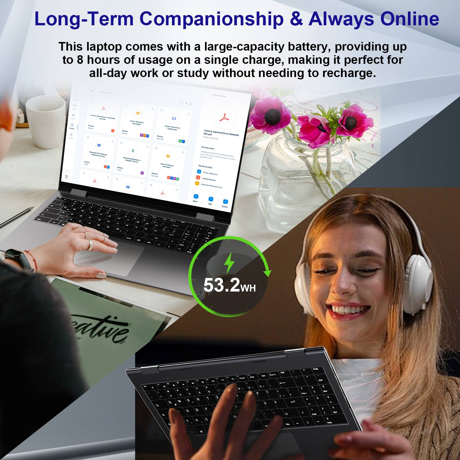 Long-Term Companionship & Always Online

This laptop comes with a large-capacity battery, providing up to 8 hours of usage on a single charge, making it perfect for all-day work or study without needing to recharge.

53.2WH