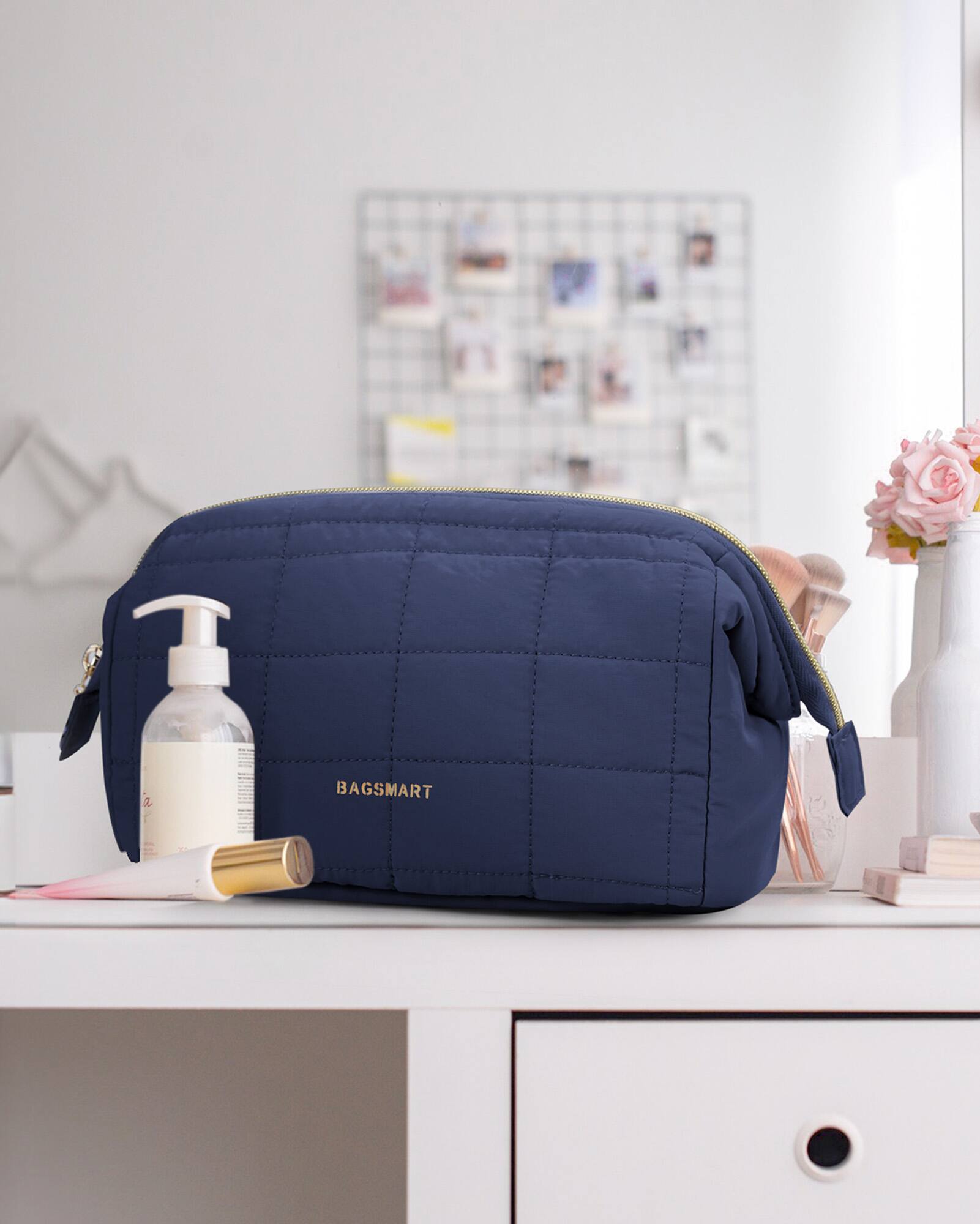 Back. Bagsmart - Wide-open Makeup Bag Cosmetic Pouch Organizer Travel Toiletry Bag Essentials Accessories for Women Girls - Navy Blue.