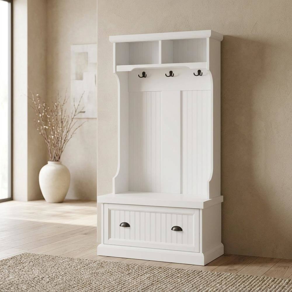 Alt View 5. FurniFact - Wood hall tree with storage bench and coat hooks for entryway - White.