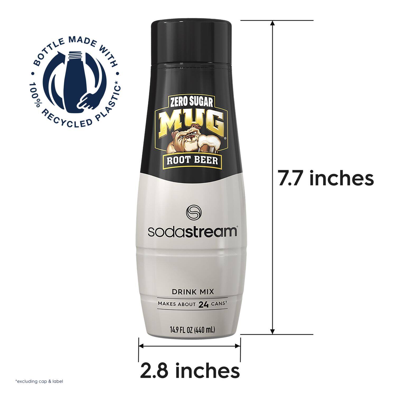 The text on the image reads: "Made with 100% recycled plastic. Zero sugar. Sodastream drink mix. Makes about 24 cans. 14.9 FL OZ (440 mL) excluding cap. 7.7 inches."