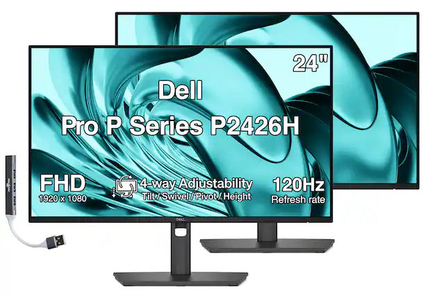 24" Dell Pro P Series P2426H
- FHD 1920 x 1080
- 4-way Adjustability (Tilt/Swivel/Pivot/Height)
- 120Hz Refresh rate