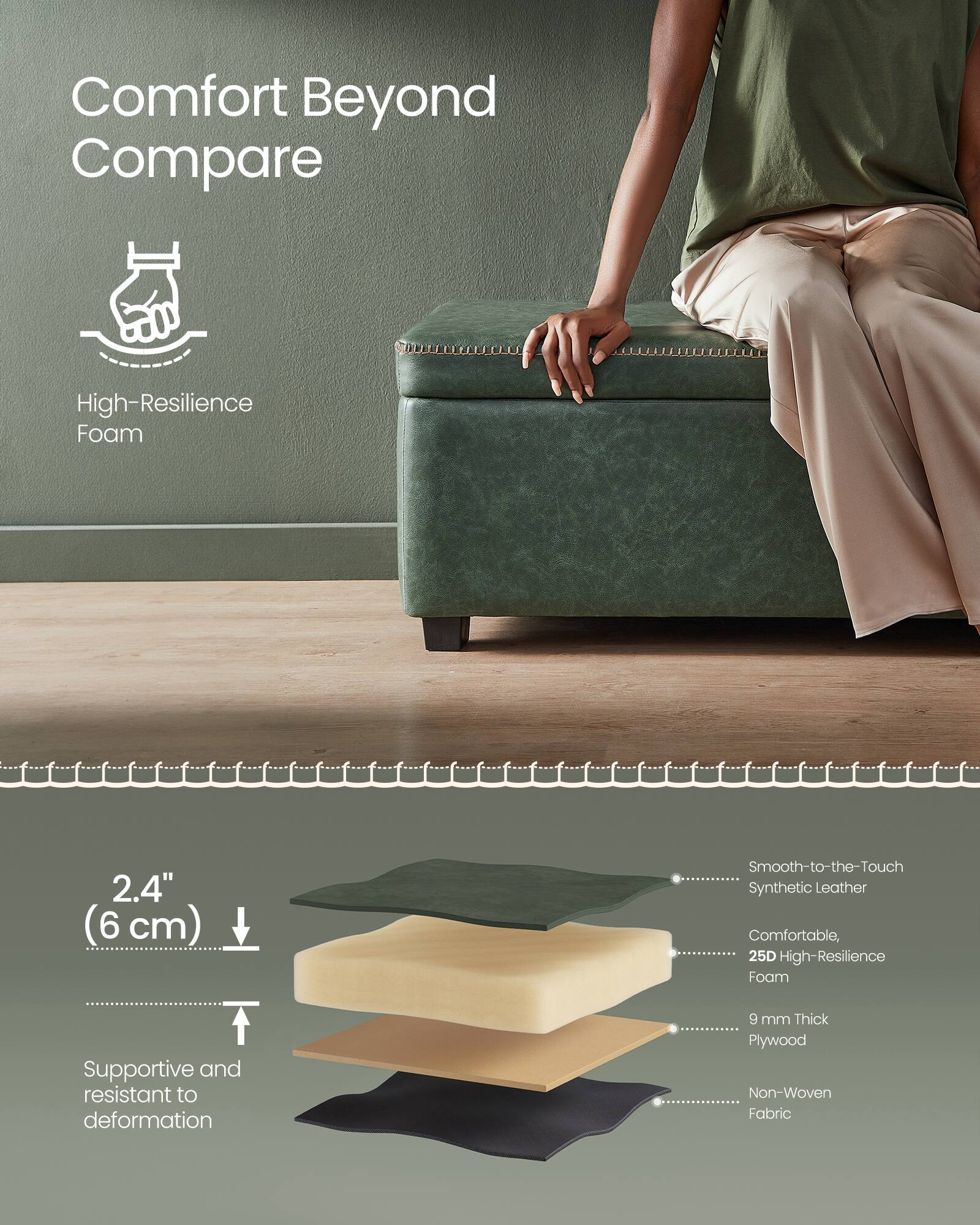 Comfort Beyond Compare

High-Resilience Foam

2.4" (6 cm)

Smooth-to-the-Touch Synthetic Leather

Comfortable, 25D High-Resilience Foam

Supportive and resistant to deformation

9 mm Thick Plywood

Non-Woven Fabric