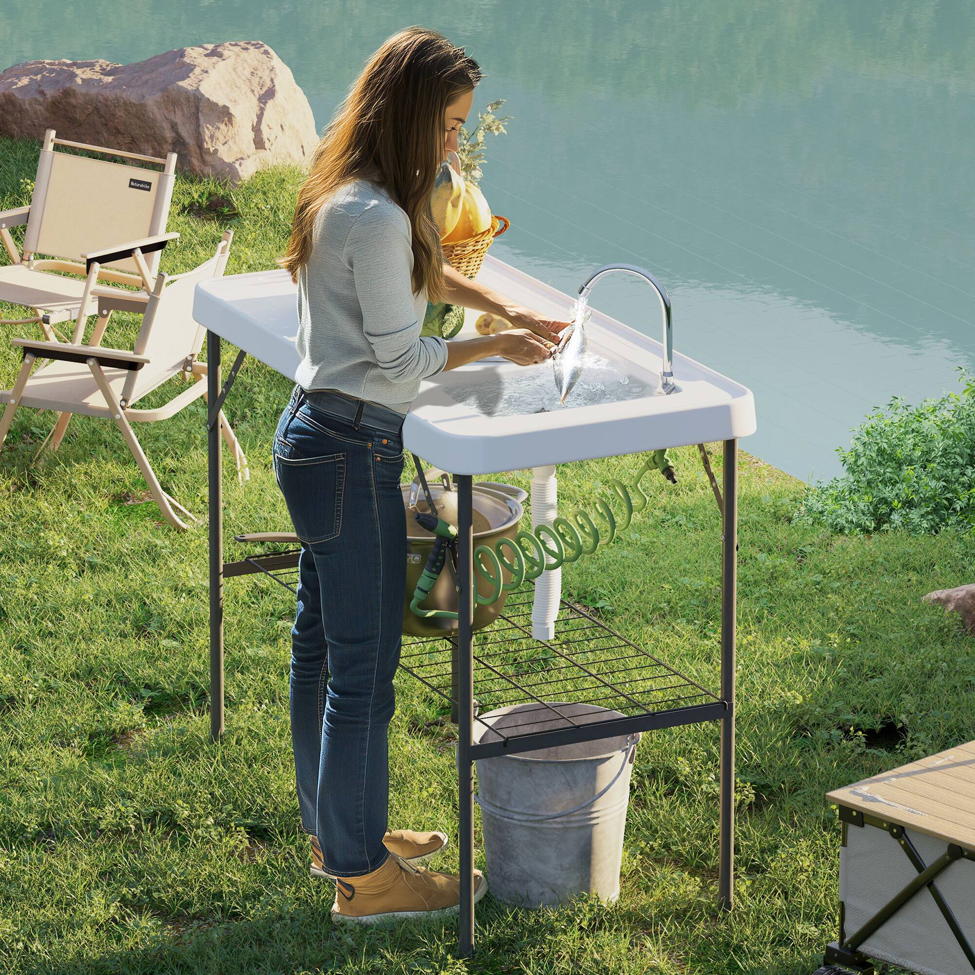 Alt View 1. Outsunny - Folding Fish Cleaning Table with Sink, Portable Camping Sink Station with Faucet, Drainage Hose, Sprayer - White.