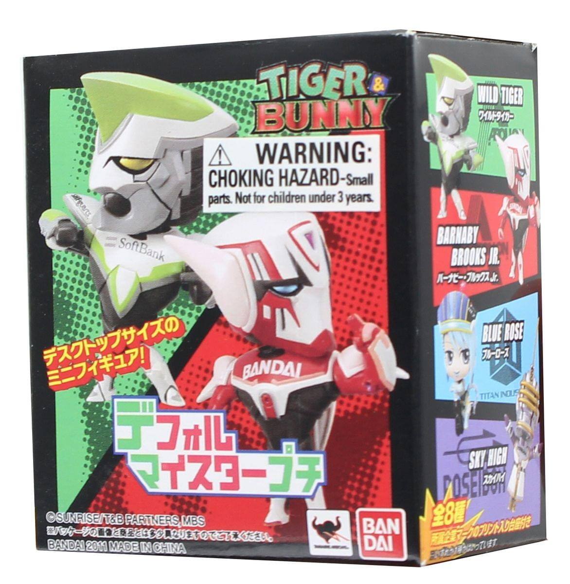 TIGER & BUNNY  
WARNING: CHOKING HAZARD - Small parts. Not for children under 3 years.  

TINIR BARNABY  
SOFTBANK BROOKS JR.  
BLUE ROSE  
TITAN NOS  
SKY HIGH POSE  

SUNRISE/T&B PARTNERS MBS  
BANDAI 2011 MADE IN CHINA  

© SUNRISE/T&B PARTNERS, MBS  

BANDAI