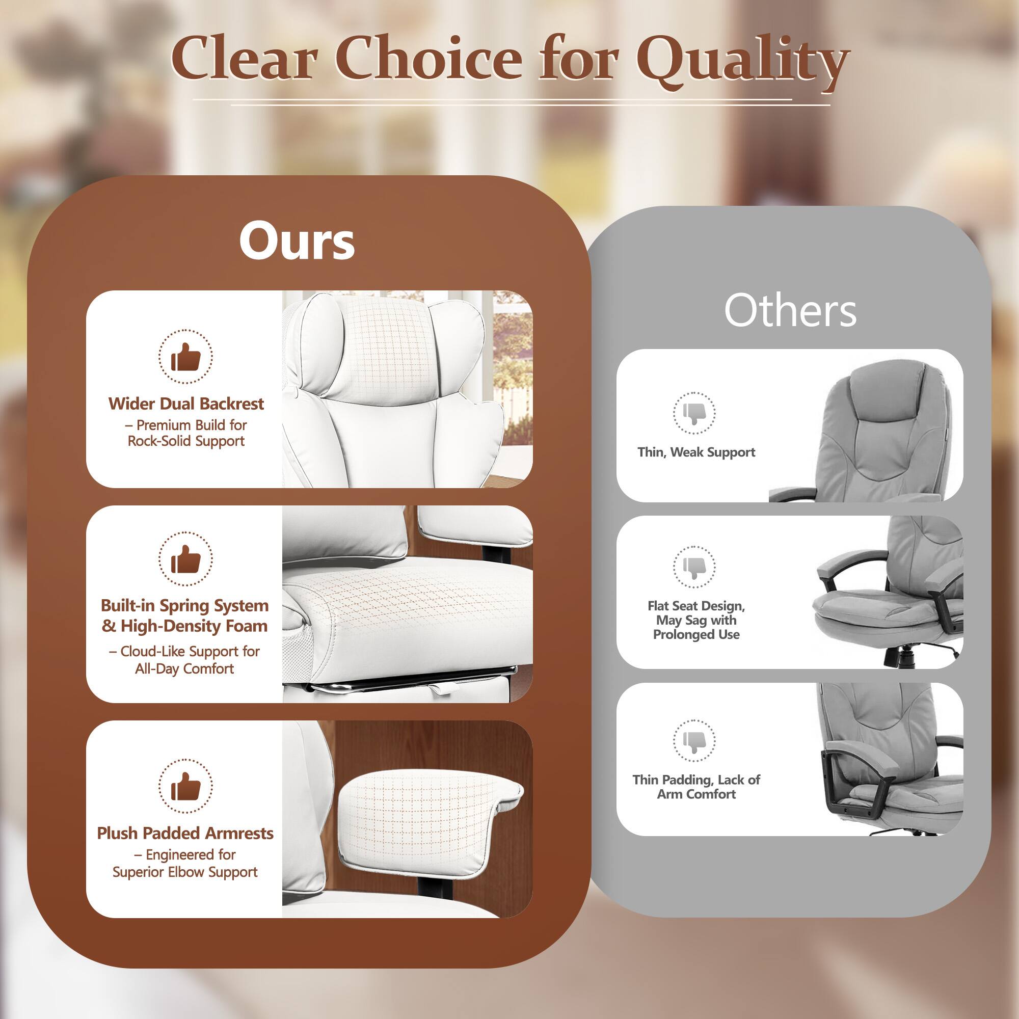 Clear Choice for Quality

Ours
- Wider Dual Backrest
  - Premium Build for Rock-Solid Support
- Built-in Spring System & High-Density Foam
  - Cloud-Like Support for All-Day Comfort
- Plush Padded Armrests
  - Engineered for Superior Elbow Support

Others
- Thin, Weak Support
- Flat Seat Design, May Sag with Prolonged Use
- Thin Padding, Lack of Arm Comfort