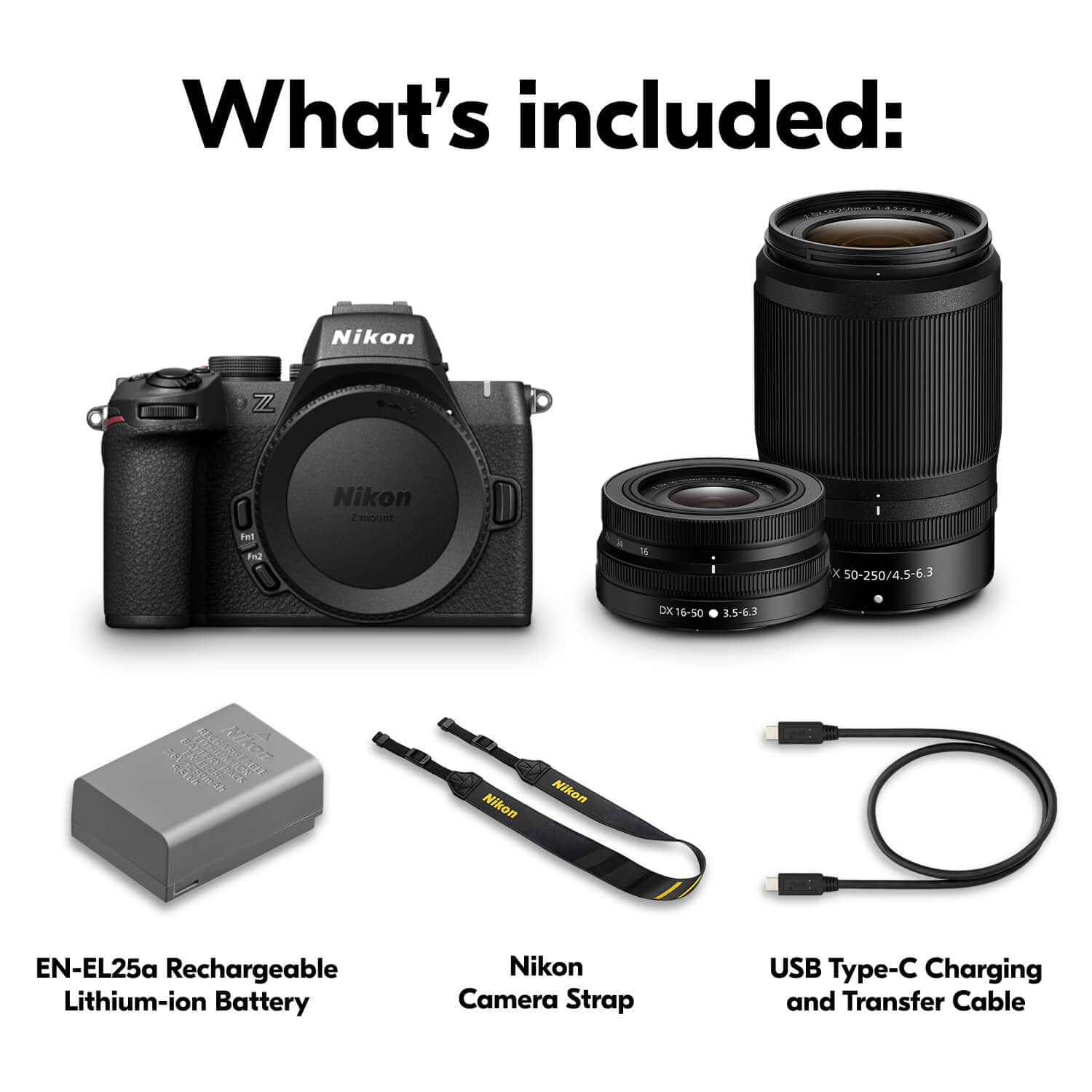 What's included: Nikon Z 7, Nikon 24-70mm f/2.8 S lens, Nikon EN-EL25a Rechargeable Lithium-ion Battery, Nikon Camera Strap, USB Type-C Charging and Transfer Cable.