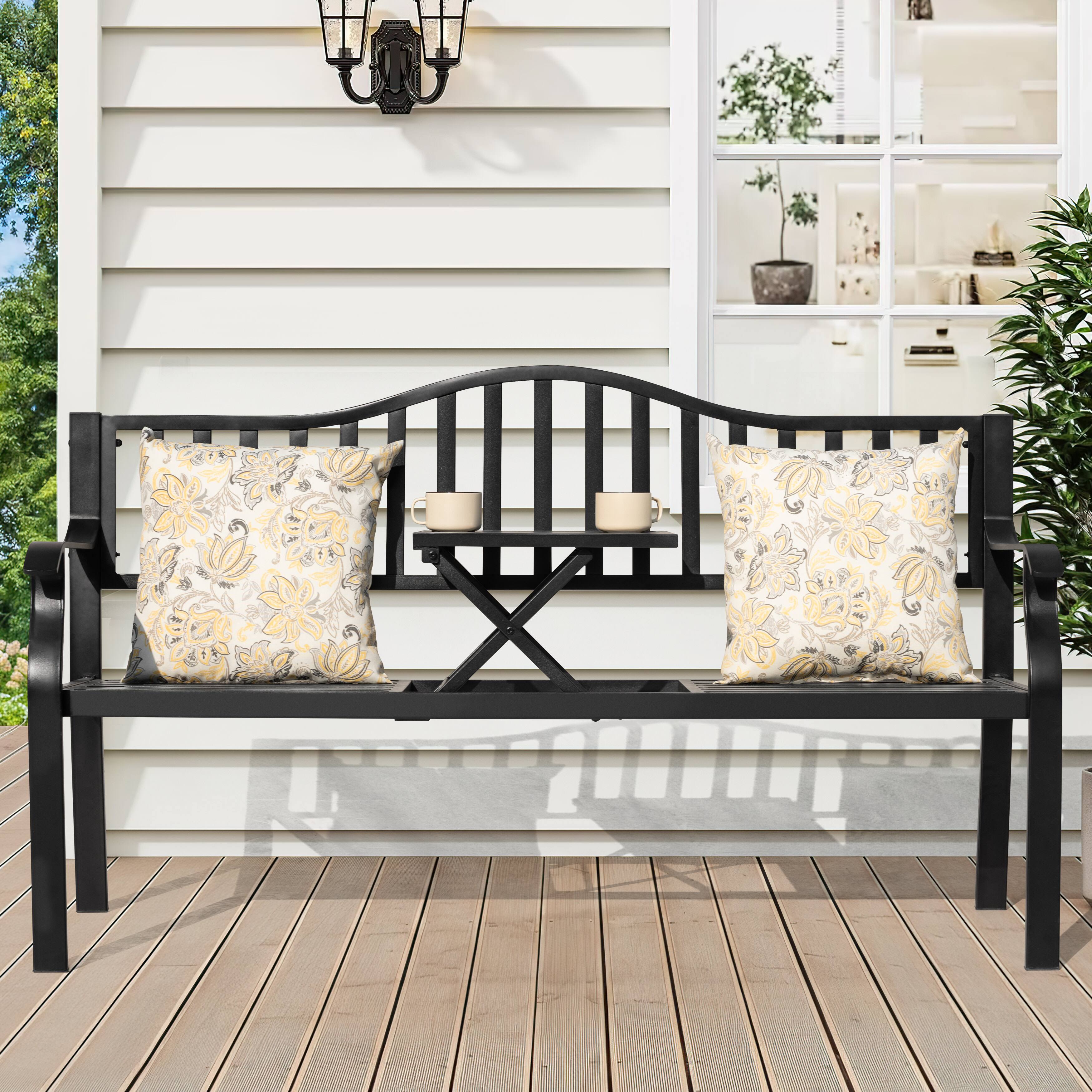 Back. Nuu Garden - E-Coated Metal Frame Outdoor Bench with Backrest and a Built-In Small Table - Black.