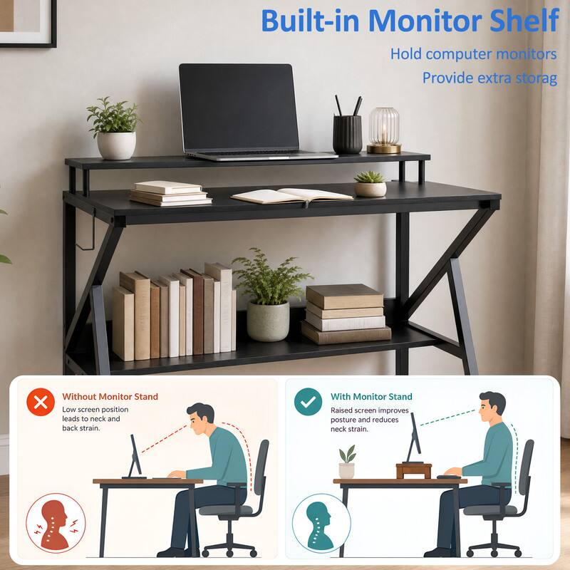 Built-in Monitor Shelf  
Hold computer monitors  
Provide extra storage  

Without Monitor Stand  
Low screen position leads to neck and back strain.  

With Monitor Stand  
Raised screen improves posture and reduces neck strain.