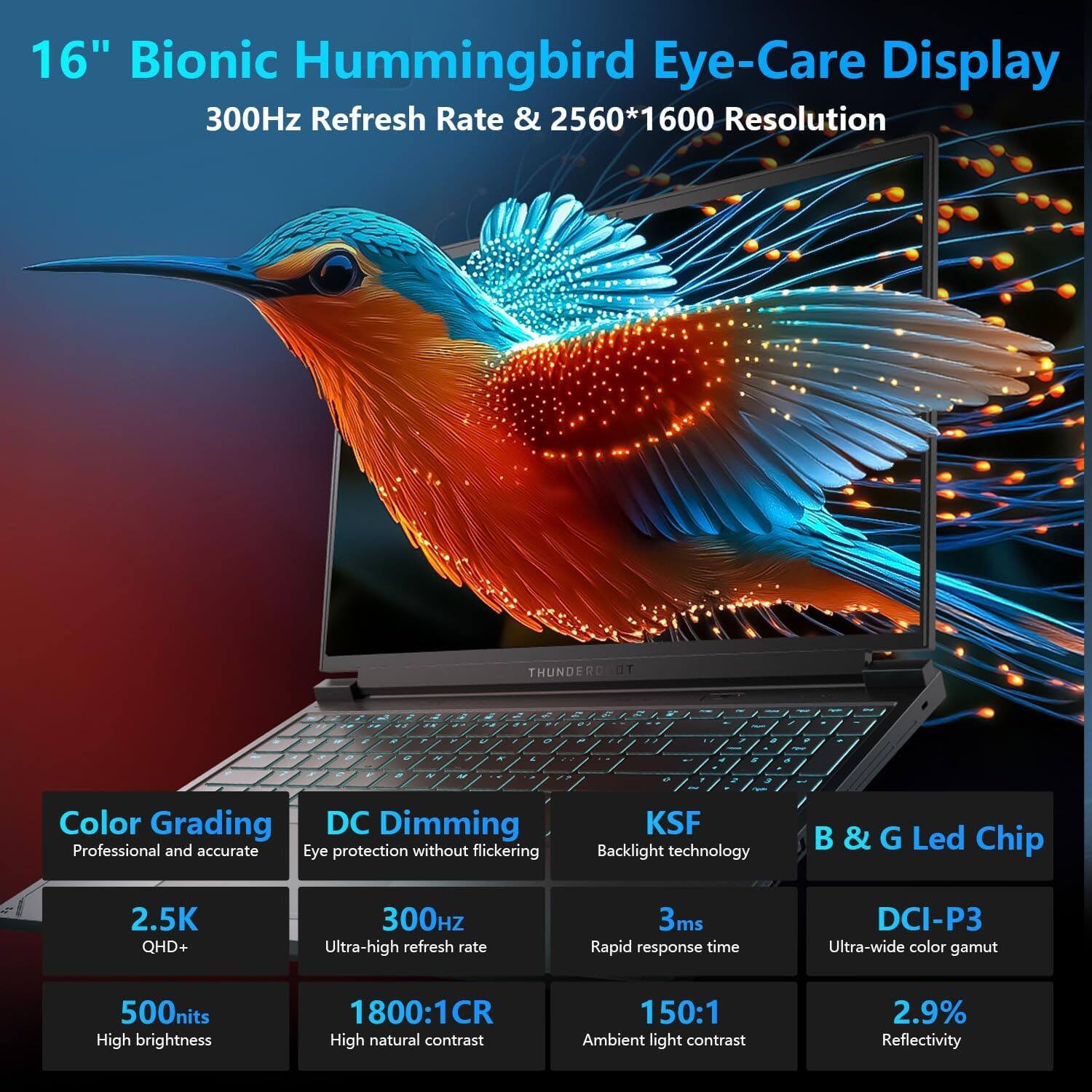 16" Bionic Hummingbird Eye-Care Display  
300Hz Refresh Rate & 2560*1600 Resolution  

- Color Grading: Professional and accurate  
- DC Dimming: Eye protection without flickering  
- KSF Backlight technology  
- B & G Led Chip  

- 2.5K QHD+  
- 300Hz Ultra-high refresh rate  
- 3ms Rapid response time  
- DCI-P3 Ultra-wide color gamut  
- 500nits High brightness  
- 1800:1CR High natural contrast  
- 150:1 Ambient light contrast  
- 2.9% Reflectivity