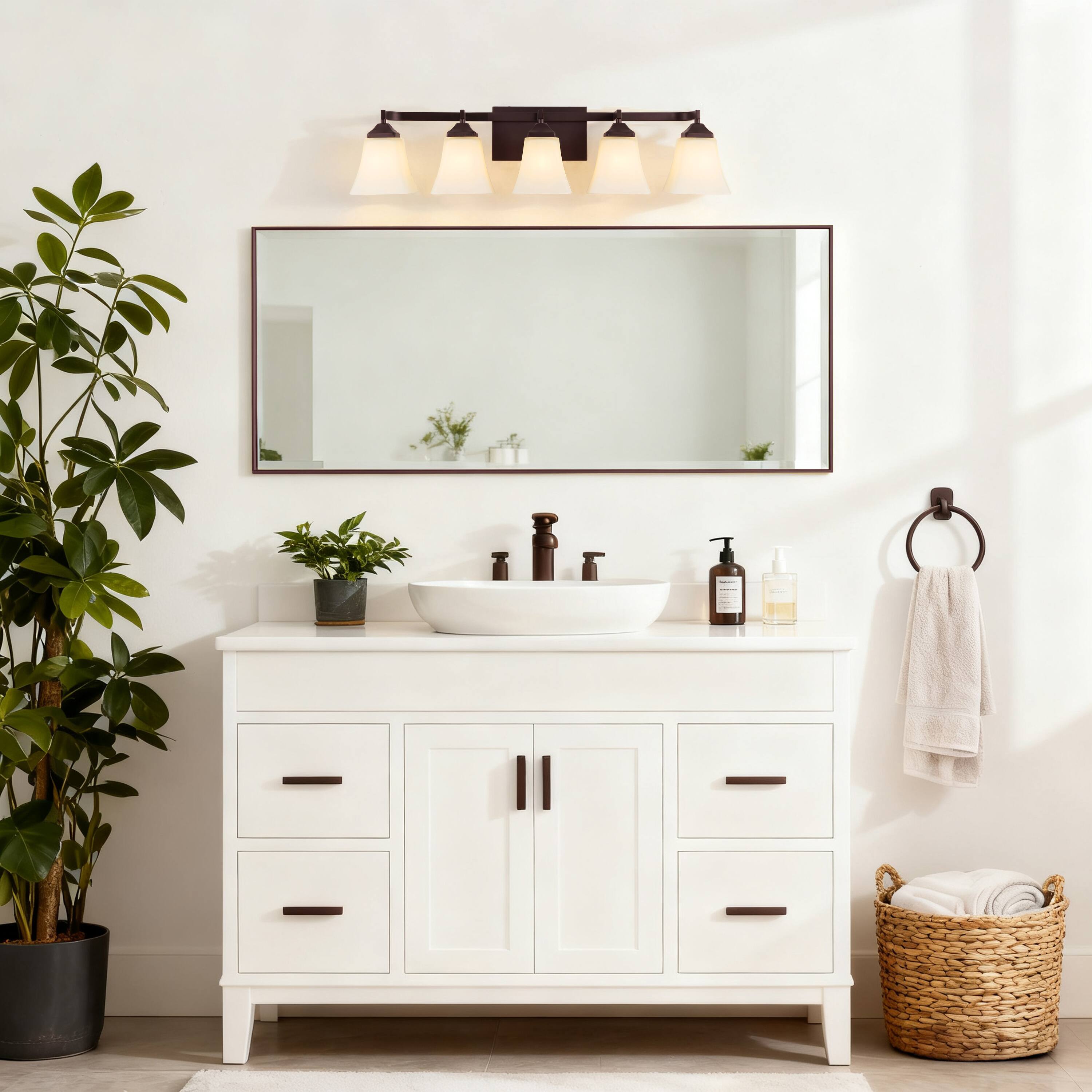 Alt View 7. Jonathan Y - Staunton 32.5" 5-Light Farmhouse Cottage Metal LED Vanity Light with Frosted Glass Shades, Oil Rubbed Bronze - Oil Rubbed Bronze.