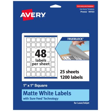 Go to avery.com/templates
AVERY
Use Avery Template Presta 94103
TRUEBLOCK
48 labels per sheet
25 sheets 1200 labels
1" x 1" Square Matte White Labels with Sure Feed Technology for Laser/Inkjet