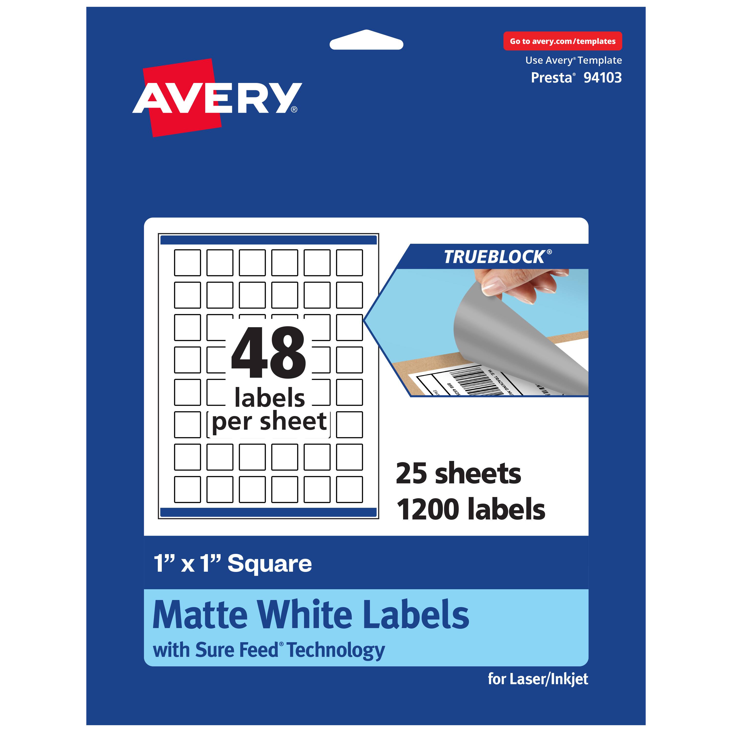 Go to avery.com/templates

AVERY

Use Avery Template Presta 94103

TRUEBLOCK

48 labels per sheet

25 sheets 1200 labels

1" x 1" Square Matte White Labels with Sure Feed Technology for Laser/Inkjet