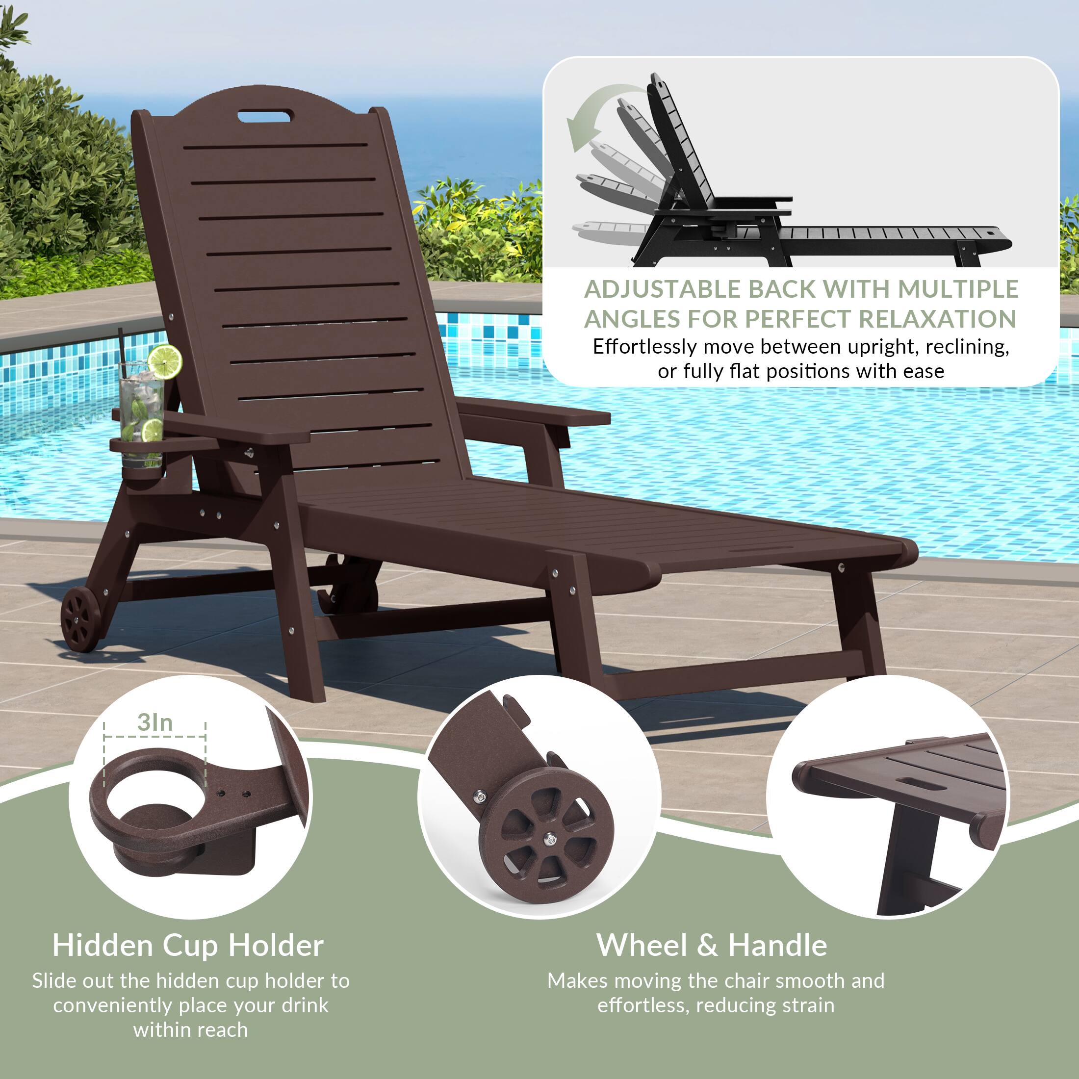 ADJUSTABLE BACK WITH MULTIPLE ANGLES FOR PERFECT RELAXATION  
Effortlessly move between upright, reclining, or fully flat positions with ease  

3" Hidden Cup Holder  
Slide out the hidden cup holder to conveniently place your drink within reach  

Wheel & Handle  
Makes moving the chair smooth and effortless, reducing strain