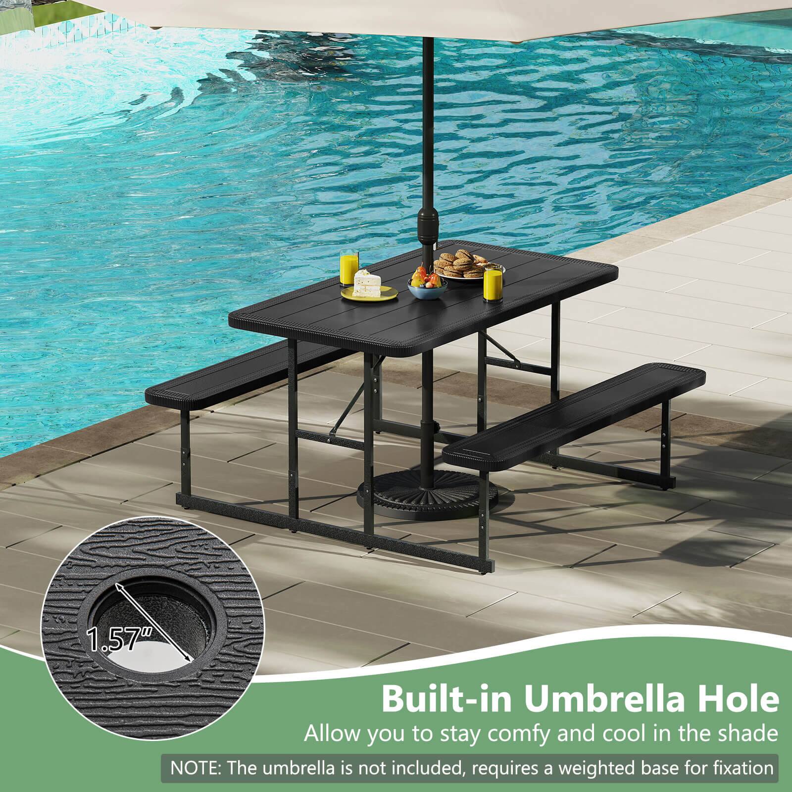 The image features a patio table with a built-in umbrella hole, allowing you to stay comfortable and cool in the shade. The umbrella is not included, and a weighted base is required for fixation.