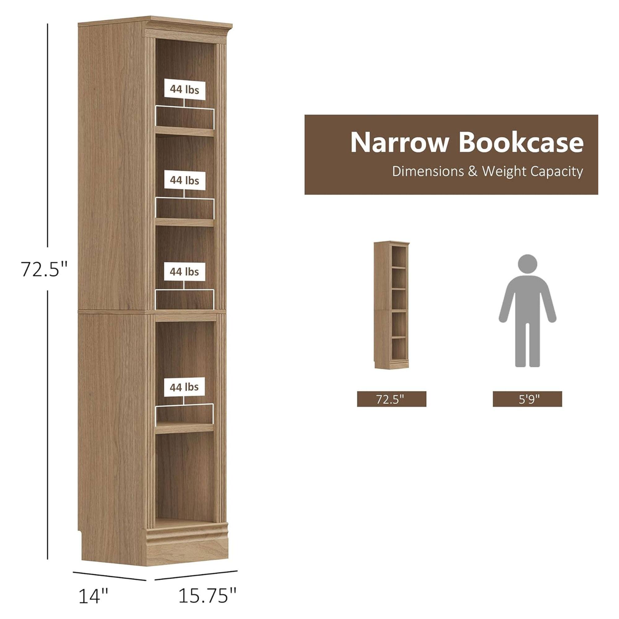 Narrow Bookcase  
Dimensions & Weight Capacity  

- Height: 72.5"  
- Width: 14"  
- Depth: 15.75"  

Weight Capacity: 44 lbs per shelf  

Comparison:  
- Height: 72.5"  
- Height of a person: 5'9"