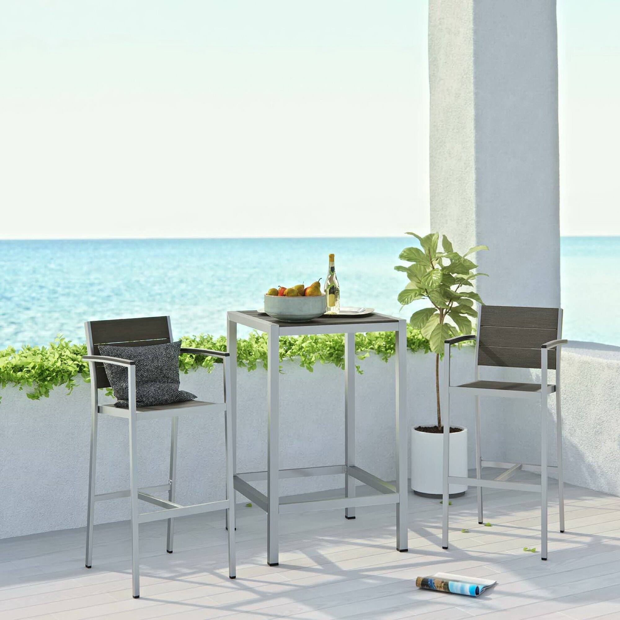 Alt View 3. Modway - Shore 3-Piece Outdoor Patio Aluminum Pub Set - Bar Table and Two Cushioned Barstools, Anodized Frame, 43.5 in Bar Height - Gray.