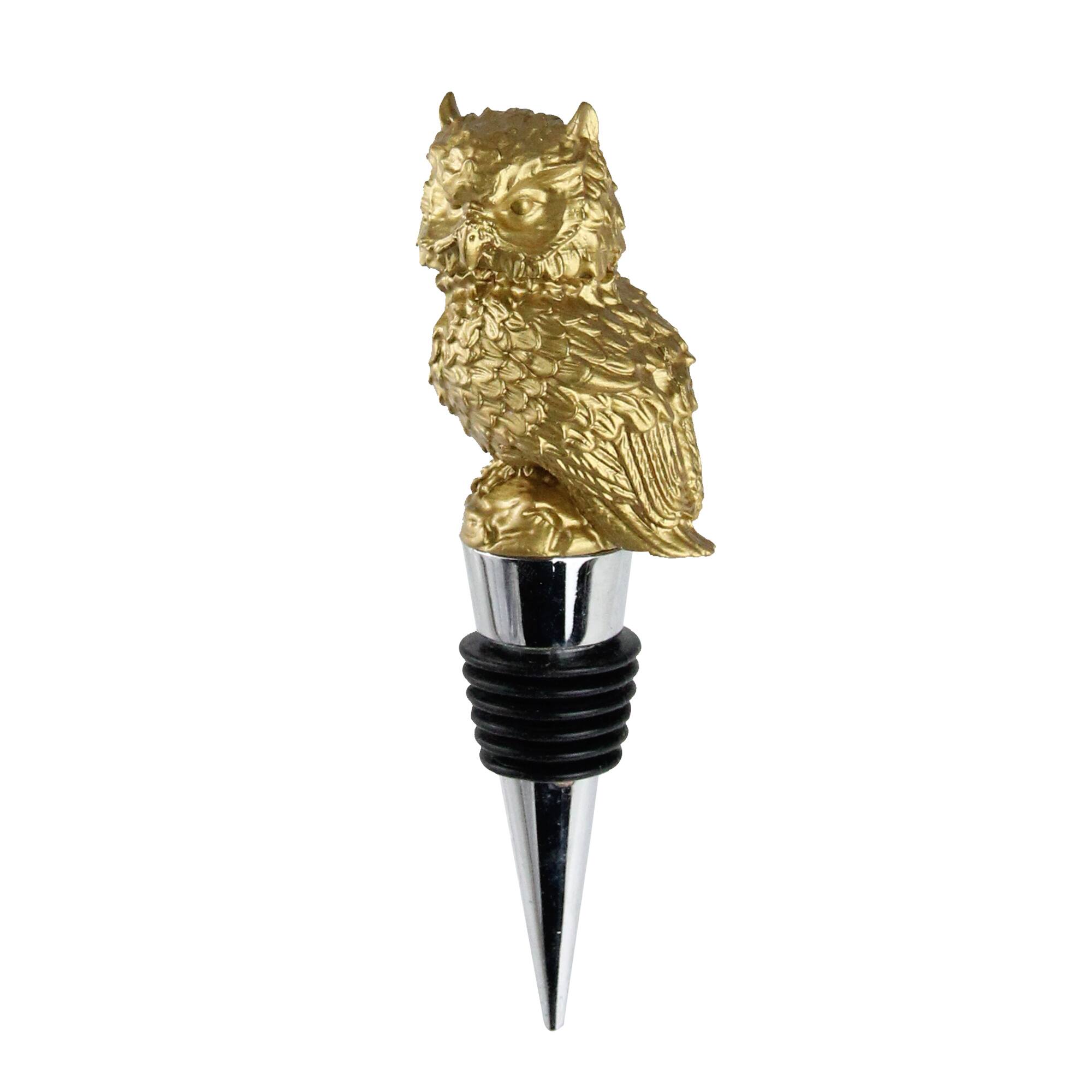 Alt View 1. Wild Eye - 4.75" Woodland Handcrafted Gold Owl Stainless Steel Wine Bottle Stopper - Silver.