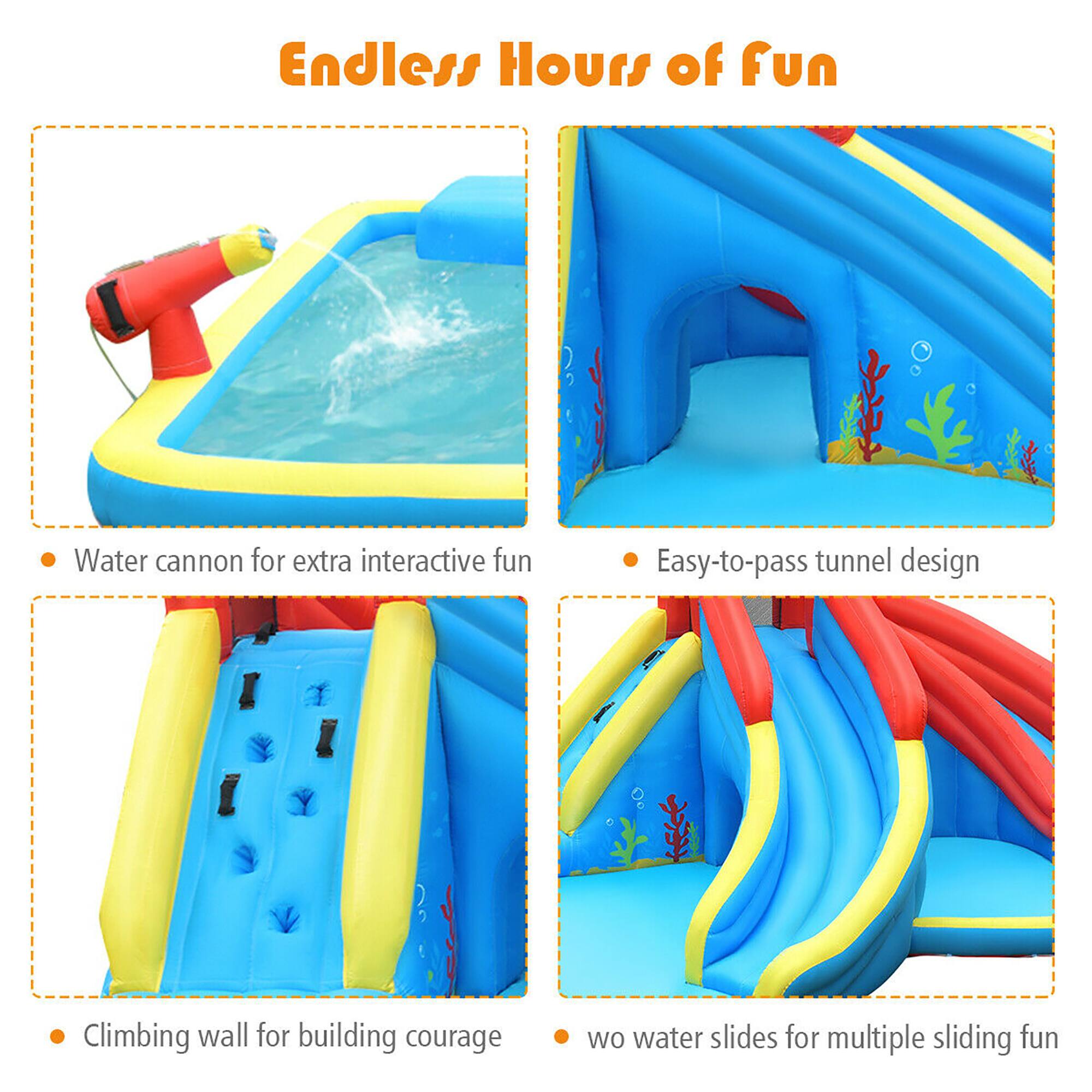 Endless Hours of Fun:

1. Water cannon for extra interactive fun
2. Easy-to-pass tunnel design
3. Climbing wall for building courage
4. Water slides for multiple sliding fun