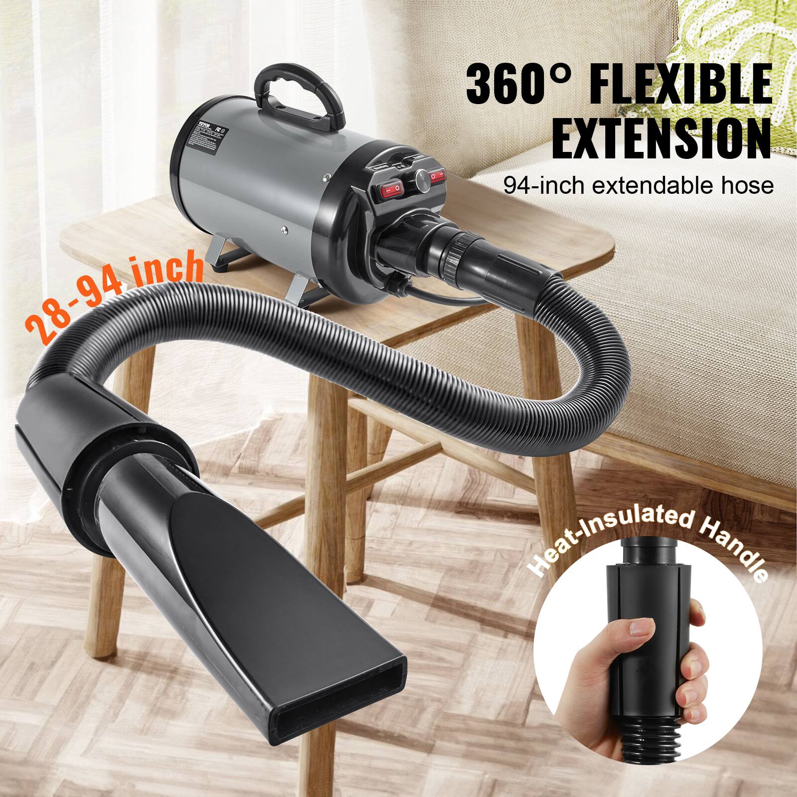 PCO inch 28-94  
360° FLEXIBLE EXTENSION  
94-inch extendable hose  
Heat-Insulated Handle