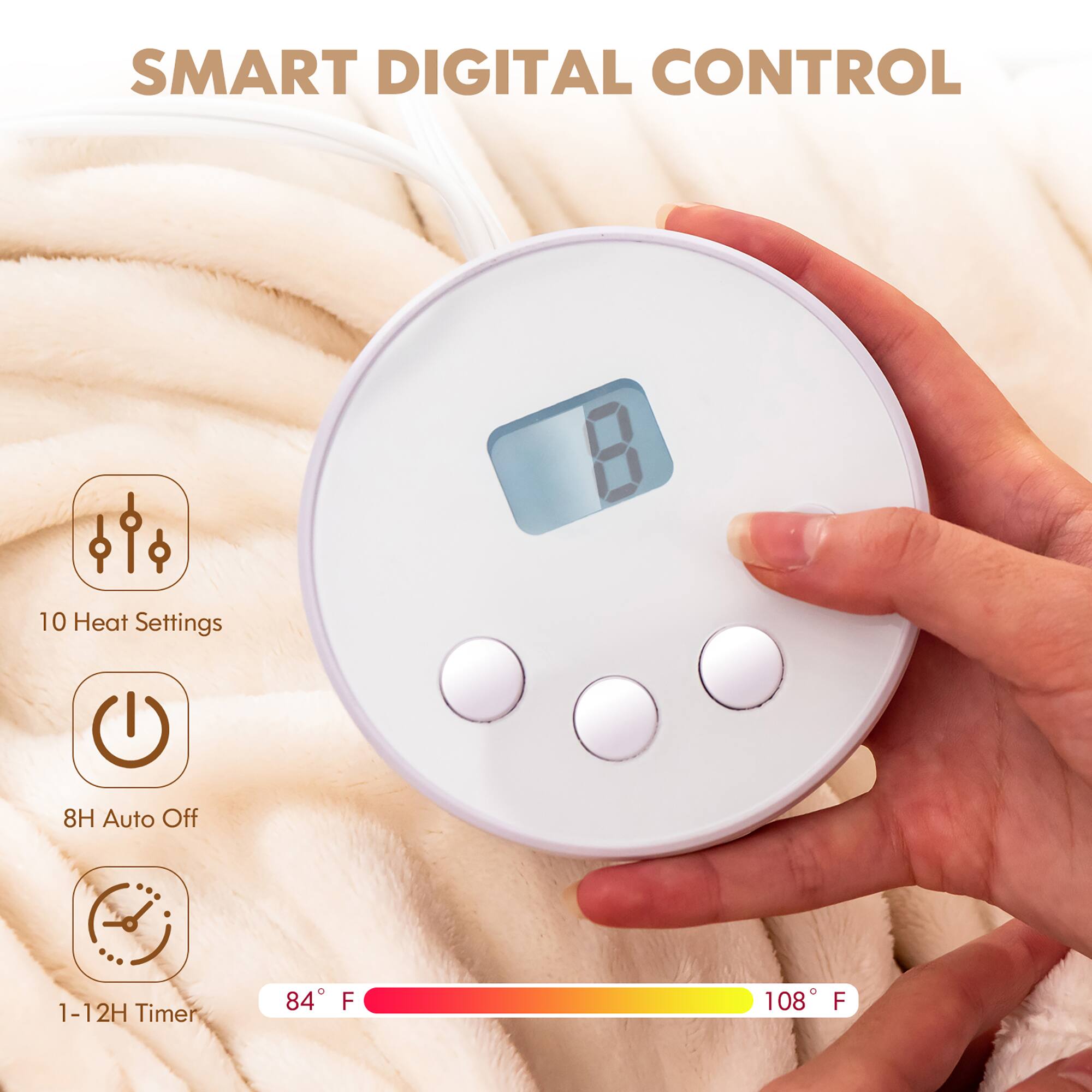 SMART DIGITAL CONTROL 10 Heat Settings 8H Auto Off 1-12H Timer 84°F 108°F