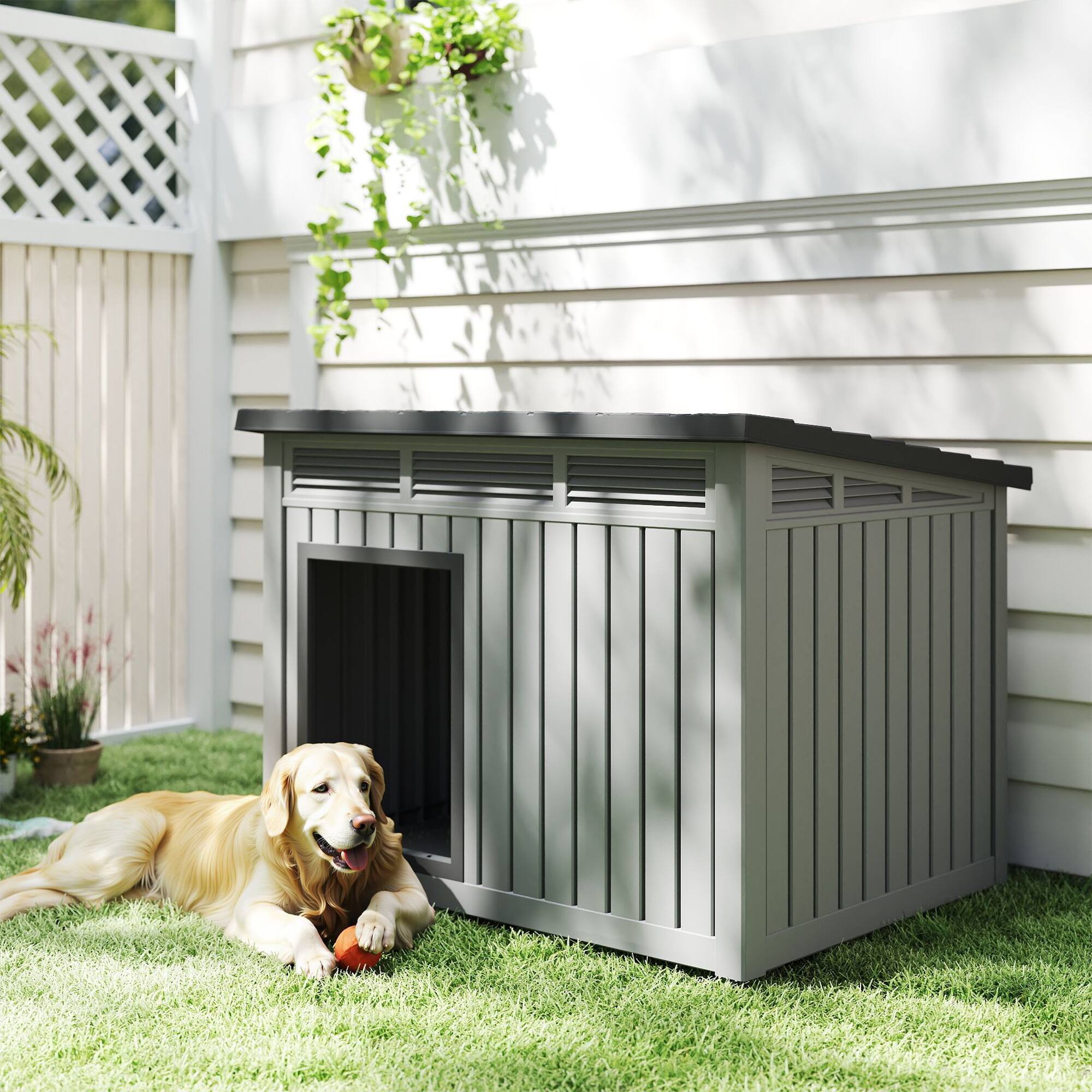Angle. Yardgrace - 204 Large Dog House - Weatherproof, Removable Roof, Louvered Vents, Asphalt Roof, Elevated Base, Indoor/Outdoor Kennel - Grey.