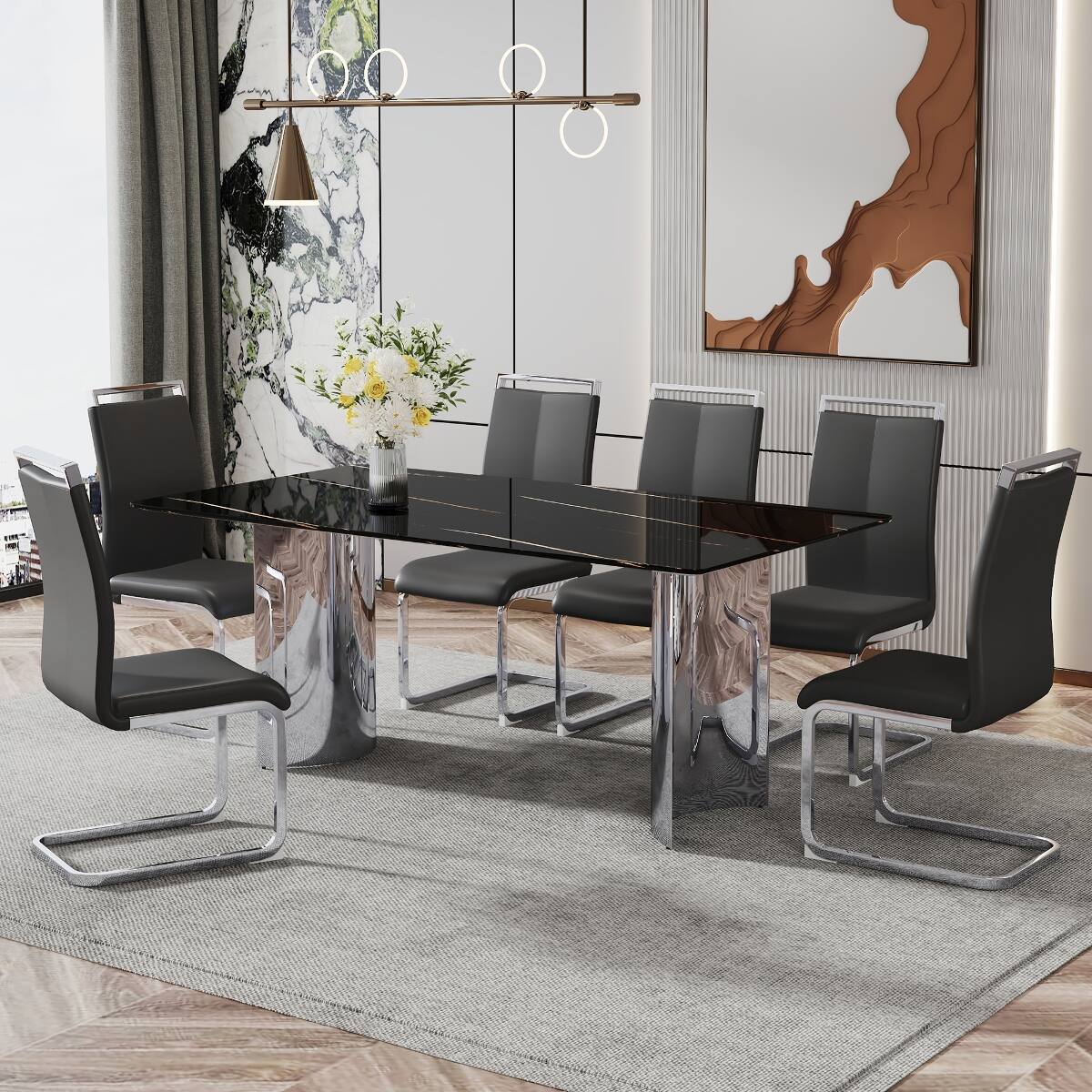 Alt View 3. Loheer - Loheer Black Faux Marble Glass Dining Table with Silver Metal Legs, Modern Minimalist Design - Black.