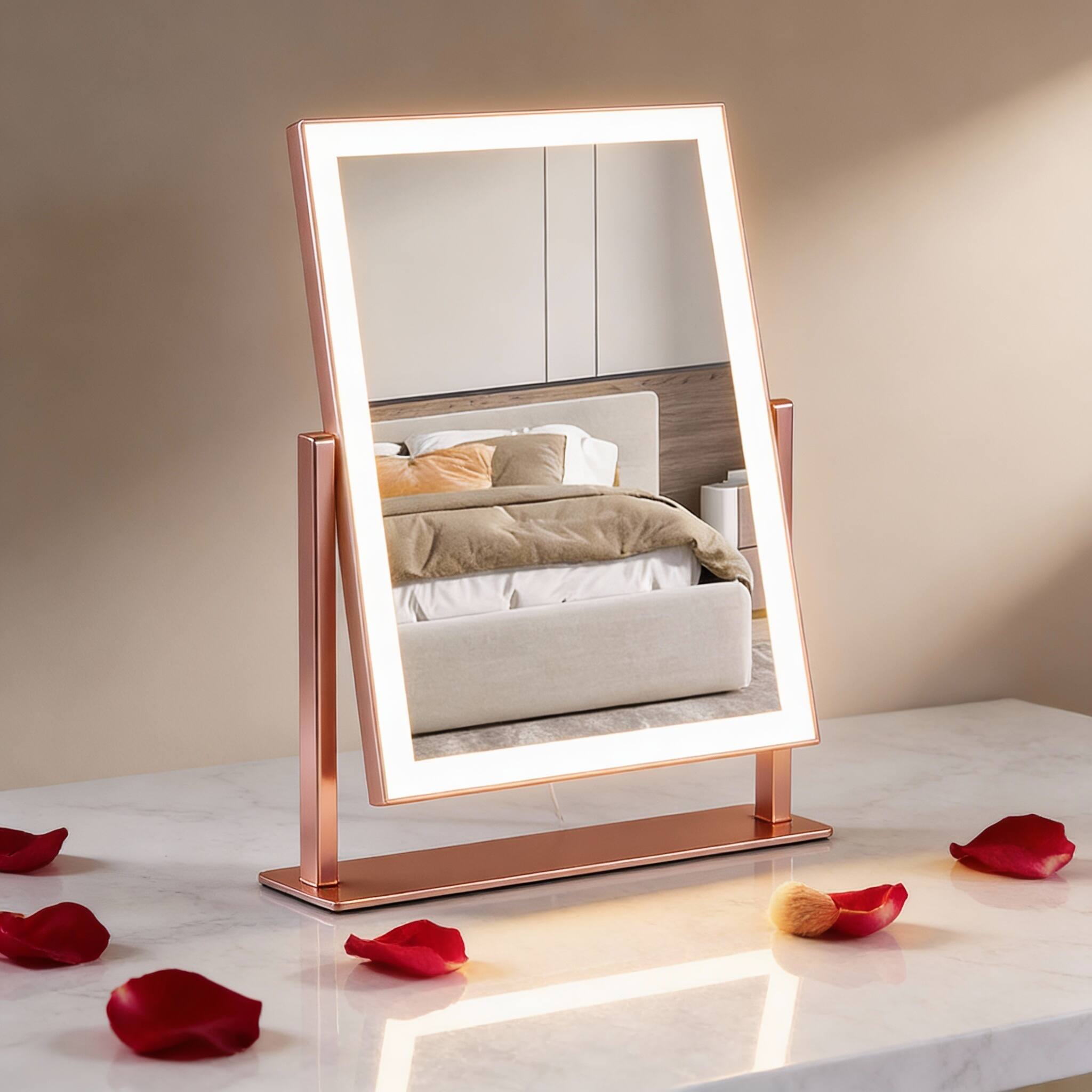 Left. PO3TICJUNKI3 - Lighted Vanity Mirror with 3 Color Modes, 5X Magnification, Touch Control, 360° Rotation - 13.5"L x 17.4"W (96 LED).