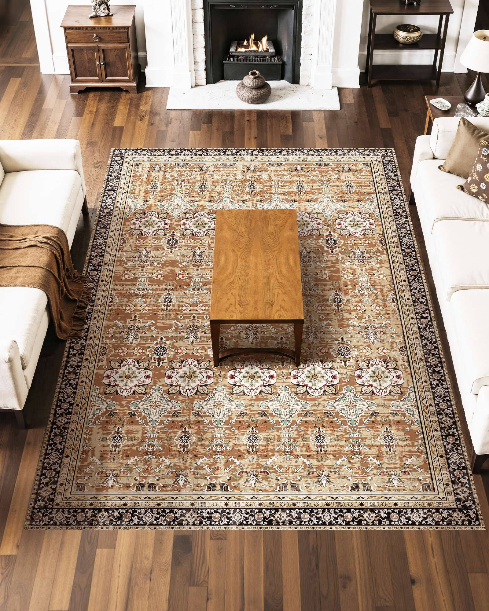 Angle. VEVOR - Area Rug, 7.5 x 9.5 ft Large Washable Rug, Non-Slip and Tear-Resistant Soft Carpet, Pet & Child Friendly Vintage Rugs - Brown Green.