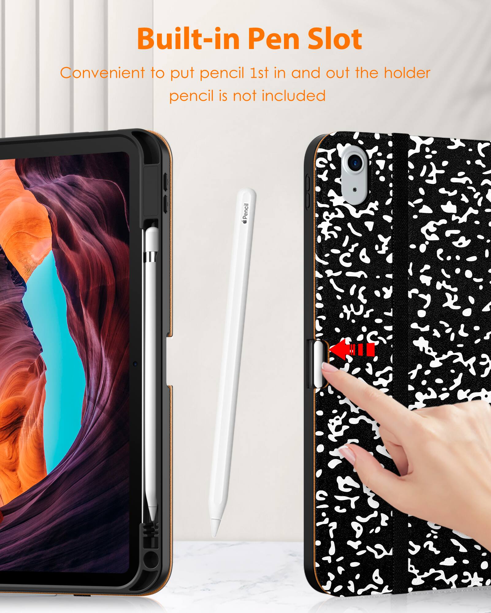 Built-in Pen Slot  
Convenient to put pencil 1st in and out the holder  
pencil is not included