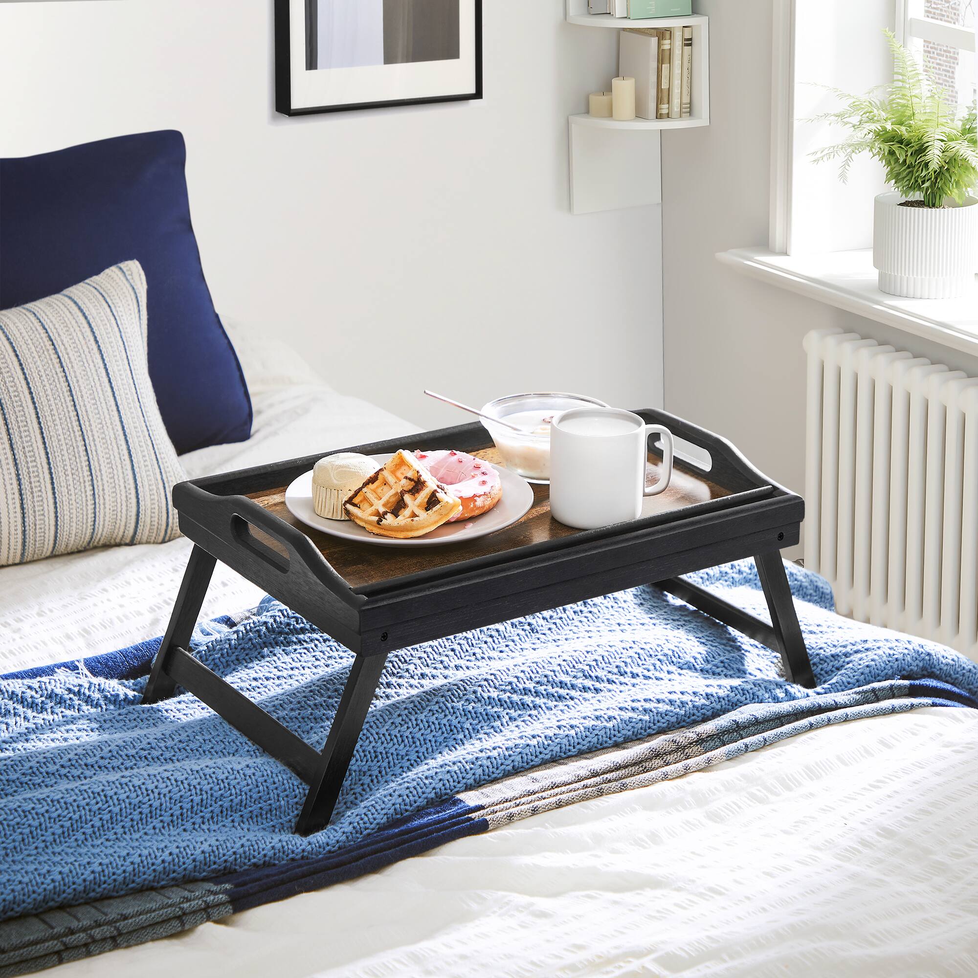 Angle. Songmics Home - Bed Tray Table with Bamboo Folding Legs, Sofa Breakfast Tray, Serving Tray with Groove for Phone Tablet - Rustic Dark Brown.