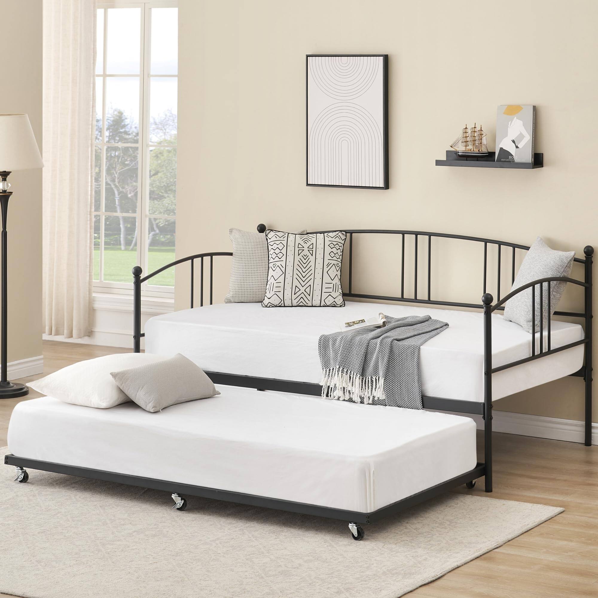 Front. Babevy - Twin Metal Daybed with Trundle, Pullout Trundle Bed Frame with Arched Headboard, Guest Sofa Bed with Steel Slat Support - Black.