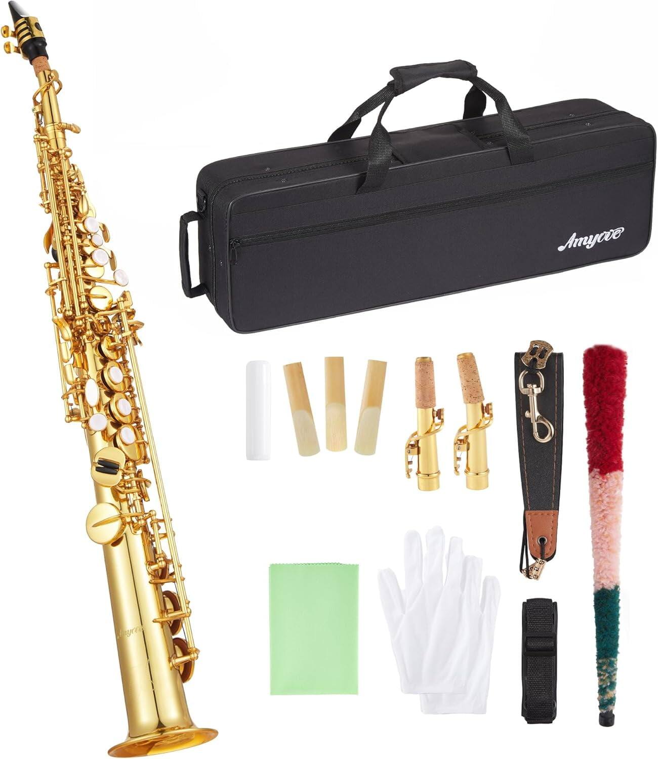Front. Homhougo - Complete Soprano Saxophone Kit with Case, Neck Strap, Reeds, Stand & Cleaning Supplies - Gold.