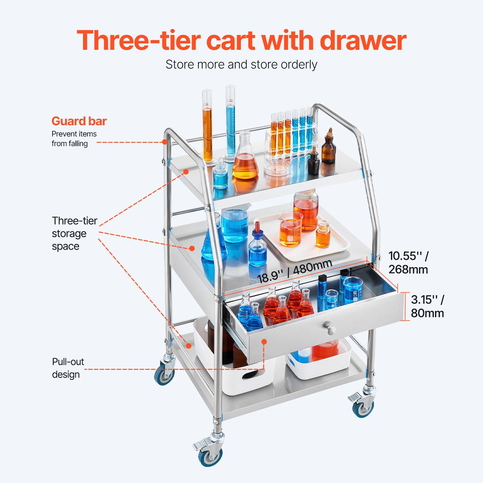 Three-tier cart with drawer, Store more and store orderly, Guard bar, Prevent items from falling, Three-tier storage space, 18.9" / 480mm, 10.55" / 268mm, 3.15" / 80mm, Pull-out design