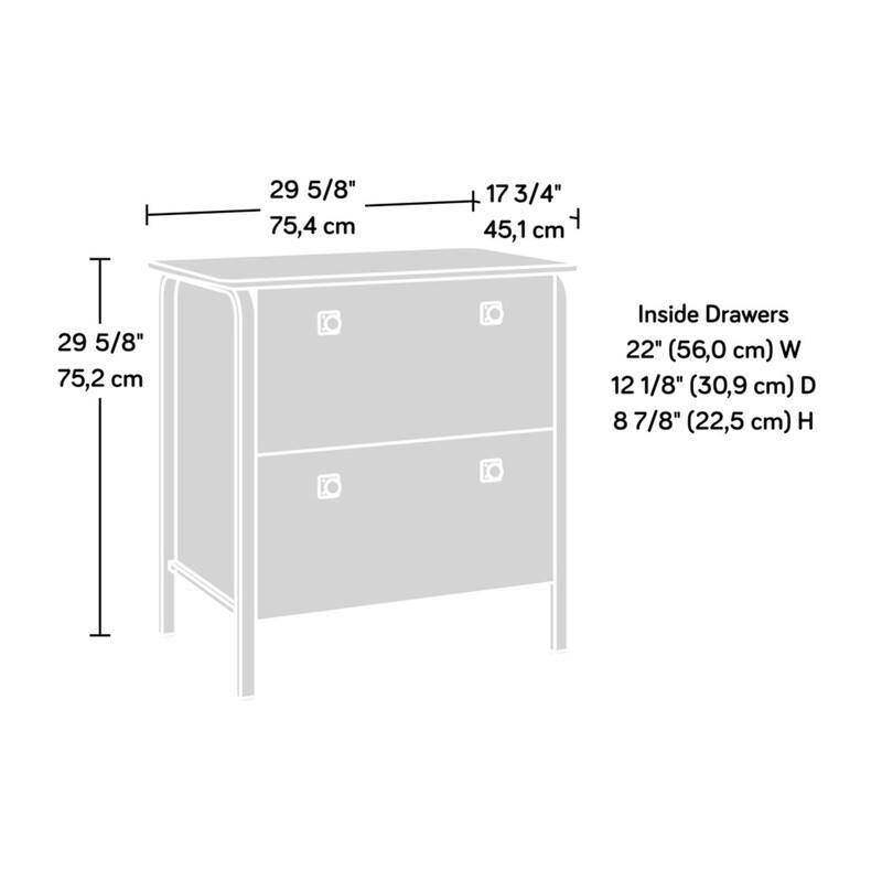 29 5/8" 75,4 cm  
+ 17 3/4" 45,1 cm  
29 5/8" 75,2 cm  

Inside Drawers  
22" (56,0 cm) W  
12 1/8" (30,9 cm) D  
8 7/8" (22,5 cm) H